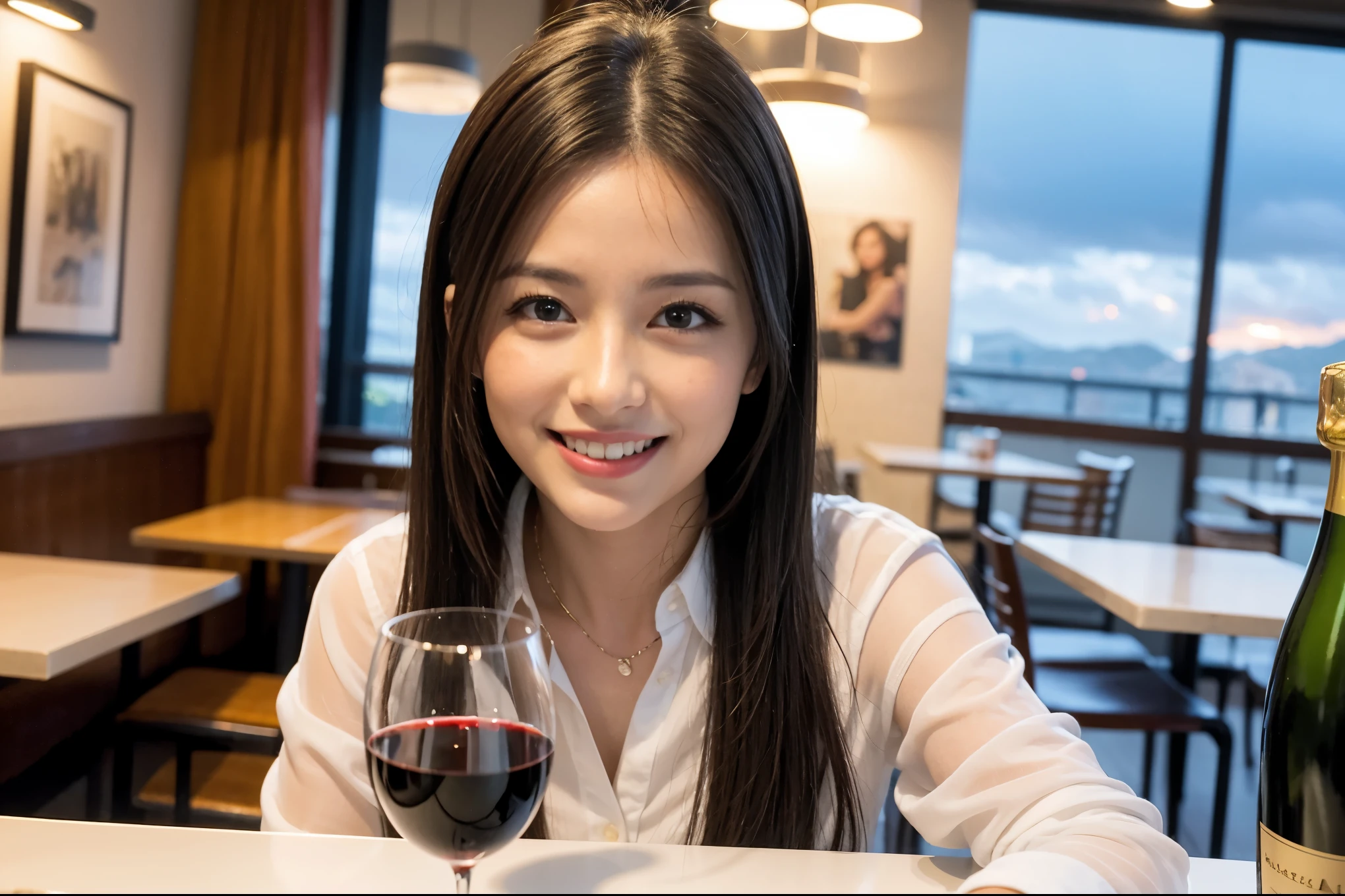 ((highest quality、8k、masterpiece:1.3))、1 male、1 female、Couple、Spouse、石原さとみ似美女Couple、The body is slim、((Bob Hale、Straight hair:1.2)), (Realistic, Intricate details:1.2), テーブルの上のwine glass、Put the light on your face、 Amazing view of the sunset sky and clouds、Amazing mountain views、A bright smile、The wonderfulness of smile、Bright image、The beauty of wine, Beautiful Face, blue eyes, The light shines on your face, Blushing, short hair,Bright Face、 (45 years old), 39 years old, red wine 、Appetizers、Italian food、Wine bottle、Champagne、sparkling wine、Two beauties、Brown Hair、Shortcuts、Long sleeve shirt、dress、Pretty Woman 1, (slimな顔), (The body is slim), (Brown Hair), (Shortcuts), cheeks turn a little red,Attractive beauty、restaurant, In a prominent place (From the waist up) Nova Frog Style, actress, model, Upper Body, White wine, slim, wine glass, 中央に置かれたwine glass, smile, (smile: 1.15), Beautiful fine grain, Depth f/2,saturation, High Contrast, Strong light and shadow,Moist Body:1.5、3D texture、Delicate eyes、Brown Hair、The hair is very shiny、