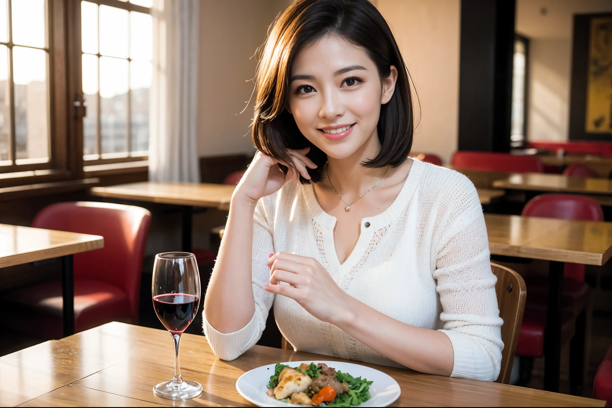 ((highest quality、8k、masterpiece:1.3))、1 male、1 female、Couple、Spouse、石原さとみ似美女Couple、The body is slim、((Bob Hale、Straight hair:1.2)), (Realistic, Intricate details:1.2), テーブルの上のwine glass、Put the light on your face、 Amazing view of the sunset sky and clouds、Amazing mountain views、A bright smile、The wonderfulness of smile、Bright image、The beauty of wine, Beautiful Face, blue eyes, The light shines on your face, Blushing, short hair,Bright Face、 (45 years old), 39 years old, red wine 、Appetizers、Italian food、Wine bottle、Champagne、sparkling wine、Two beauties、Brown Hair、Shortcuts、Long sleeve shirt、dress、Pretty Woman 1, (slimな顔), (The body is slim), (Brown Hair), (Shortcuts), cheeks turn a little red,Attractive beauty、restaurant, In a prominent place (From the waist up) Nova Frog Style, actress, model, Upper Body, White wine, slim, wine glass, 中央に置かれたwine glass, smile, (smile: 1.15), Beautiful fine grain, Depth f/2,saturation, High Contrast, Strong light and shadow,Moist Body:1.5、3D texture、Delicate eyes、Brown Hair、The hair is very shiny、