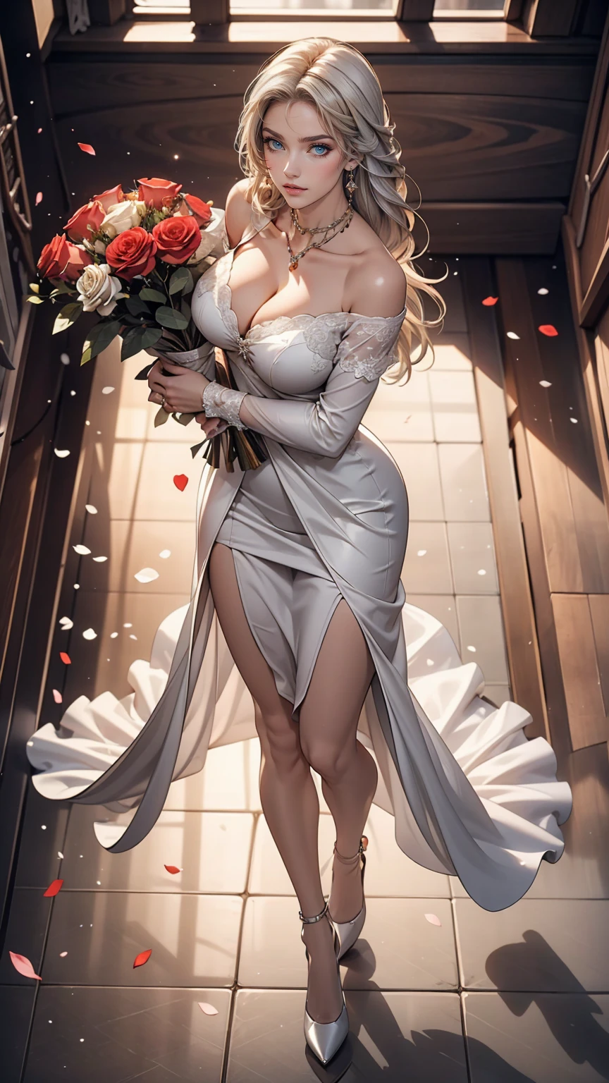 White woman、Silver Hair、Straight Hair、long hair、Sexy proportions、Big Breasts、Cleavage Emphasis、Wear an off-the-shoulder dress、Wear stiletto heels、smile、View from above、Holding a bouquet of 400 roses in both hands