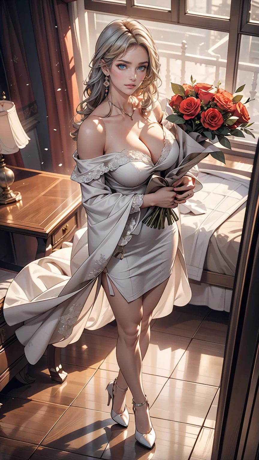 White woman、Silver Hair、Straight Hair、long hair、Sexy proportions、Big Breasts、Cleavage Emphasis、Wear an off-the-shoulder dress、Wear stiletto heels、smile、View from above、Holding a bouquet of 400 roses in both hands