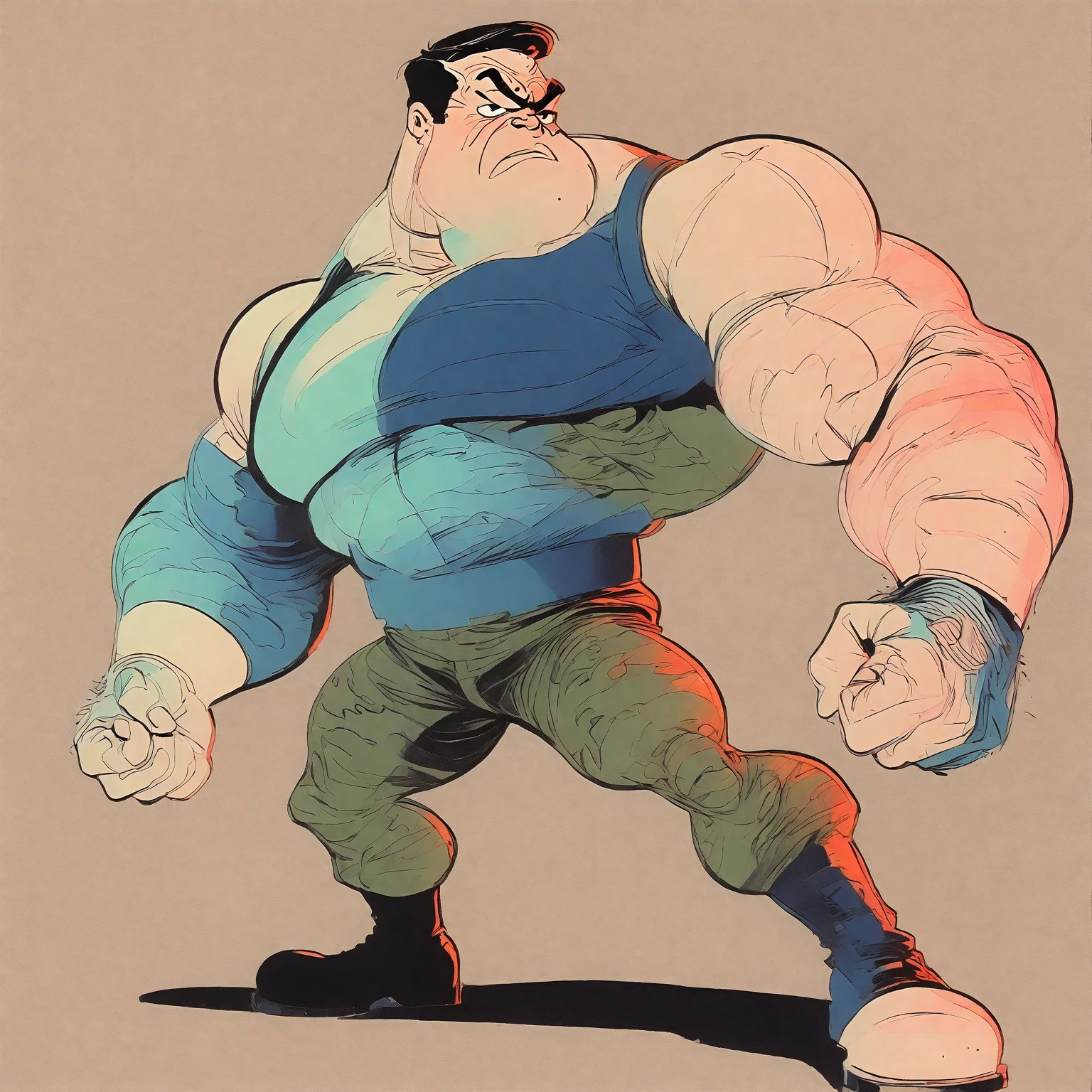 rotoscope, animated, VHS, glitch, distorted, nostalgia, 90's retro vibes, analog tape, vcr aesthetics, tv, television, hand drawn, (full roygbiv color) ink charcoal expressive illustration, no light source, darkness, light mask uv rays across face, minimal, futility, precise, Bluto (popeye the sailor villain Bluto, bearded), 1960's animated hand drawn cartoon rotoscope, wearing Tight Combat Suit, Tight urban camo navy Combat Suit, too tight, chonky, obese, hefty, heavy weight, hyper maximal, strange, hyperrealistic, rotoscope expressive ink bold line hand drawn, extremely intensely chonky, spilling over in all directions, hefty, rotund, obese, large, absurd, with rich color grading, cel shading, warm and unified colors, in a cinematic style,