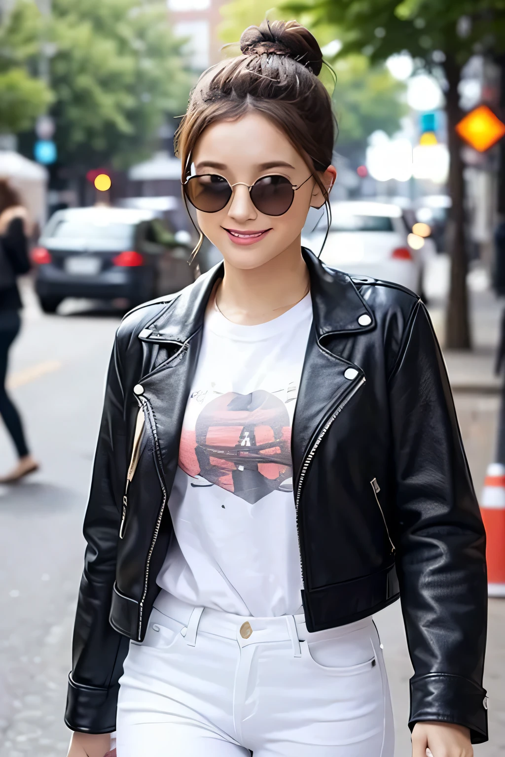 (masterpiece:1.2, best quality), 1lady, solo, upper body, big tits, Chic and edgy leather jacket paired with a classic white t-shirt and distressed jeans Confident and effortless with minimal makeup and a messy bun (Music festival or a trendy downtown neighborhood) Statement sunglasses and chunky jewelry, With a cross-body bag for convenience Smile