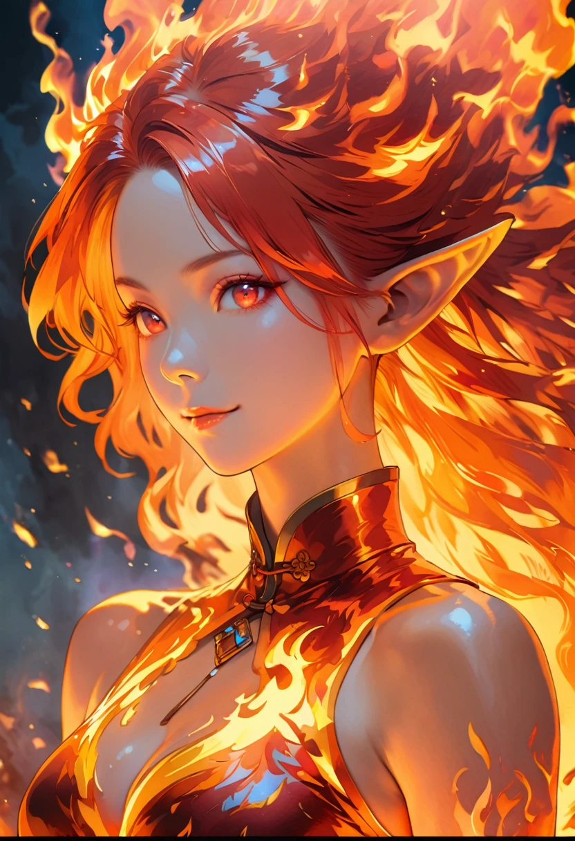 ((half body Portrait of a fire elf)), red flowing hair, shiny red eyes,( medium length pointy ears),orange fire around, flaming theme, burning atmosphere, (detailed sexy Chinese style costume:1.2), red glowing tattoos, orange crystal jewelry, light smile, mature body, colorful ,by Mappa studios,masterpiece,best quality,official art,illustration,ligne claire,(cool_color),perfect composition,absurdres, fantasy,focused,rule of third, close up portrait 