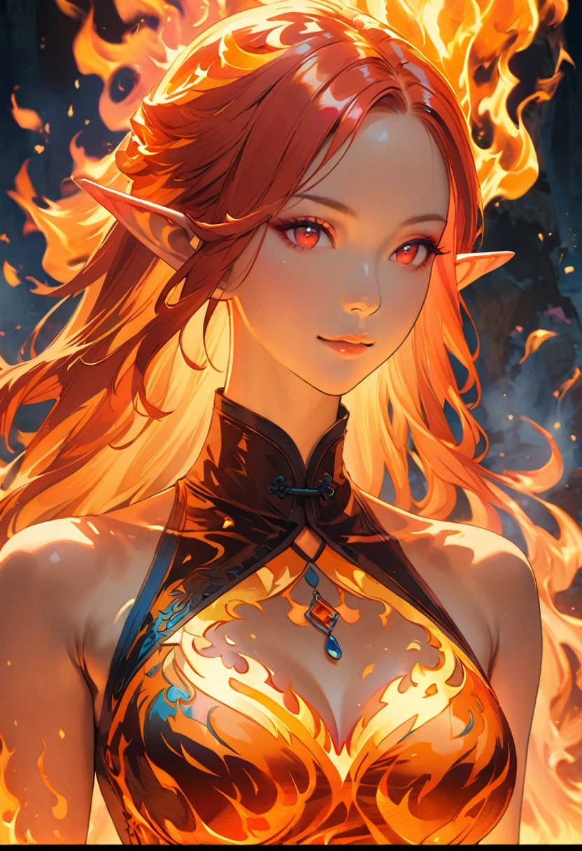 ((half body Portrait of a fire elf)), red flowing hair, shiny red eyes,( medium length pointy ears),orange fire around, flaming theme, burning atmosphere, (detailed sexy Chinese style costume:1.2), red glowing tattoos, orange crystal jewelry, light smile, mature body, colorful ,by Mappa studios,masterpiece,best quality,official art,illustration,ligne claire,(cool_color),perfect composition,absurdres, fantasy,focused,rule of third, close up portrait 