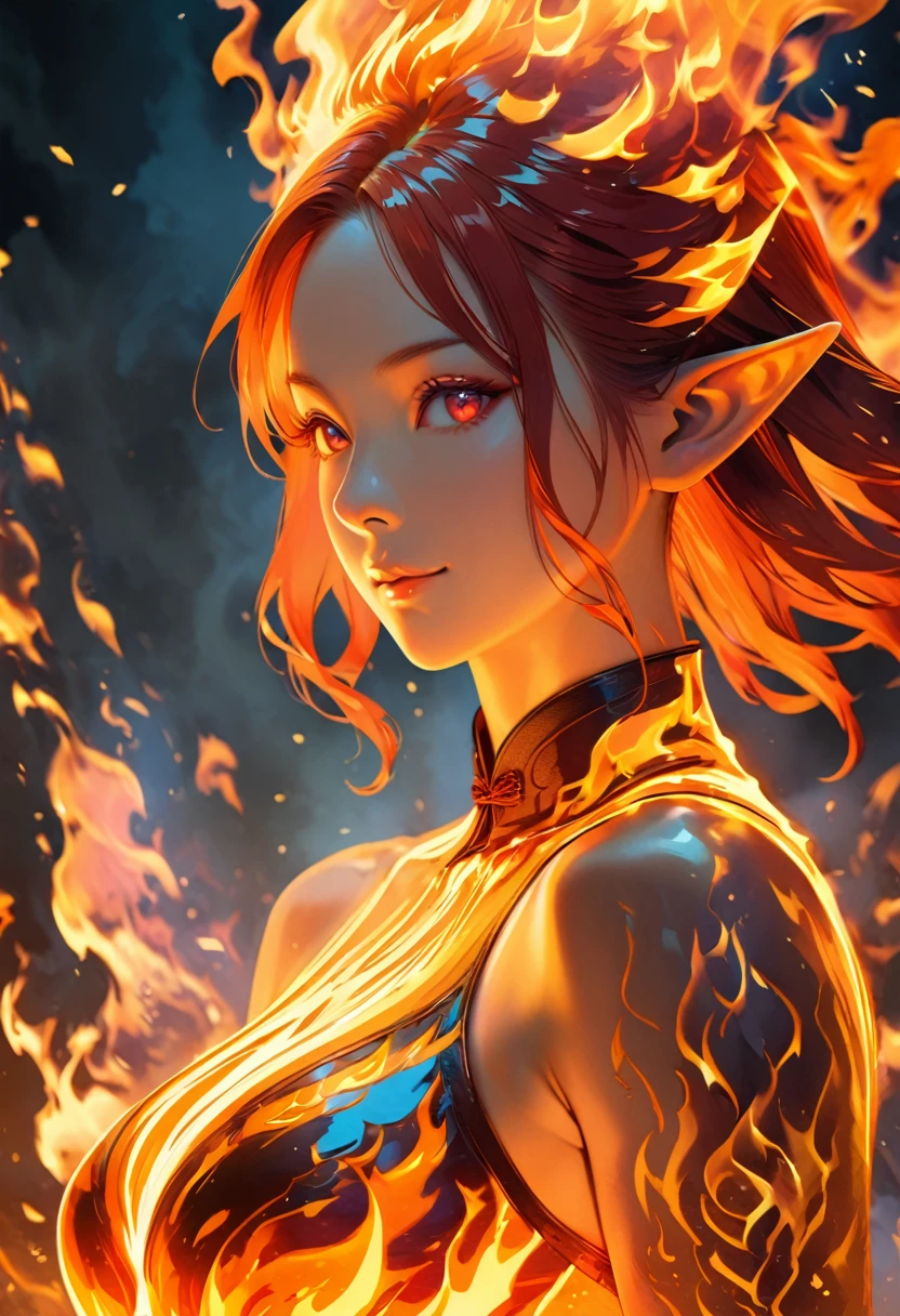 ((half body Portrait of a fire elf)), red flowing hair, shiny red eyes,( medium length pointy ears),orange fire around, flaming theme, burning atmosphere, (detailed sexy Chinese style costume:1.2), red glowing tattoos, orange crystal jewelry, light smile, mature body, colorful ,by Mappa studios,masterpiece,best quality,official art,illustration,ligne claire,(cool_color),perfect composition,absurdres, fantasy,focused,rule of third, close up portrait 