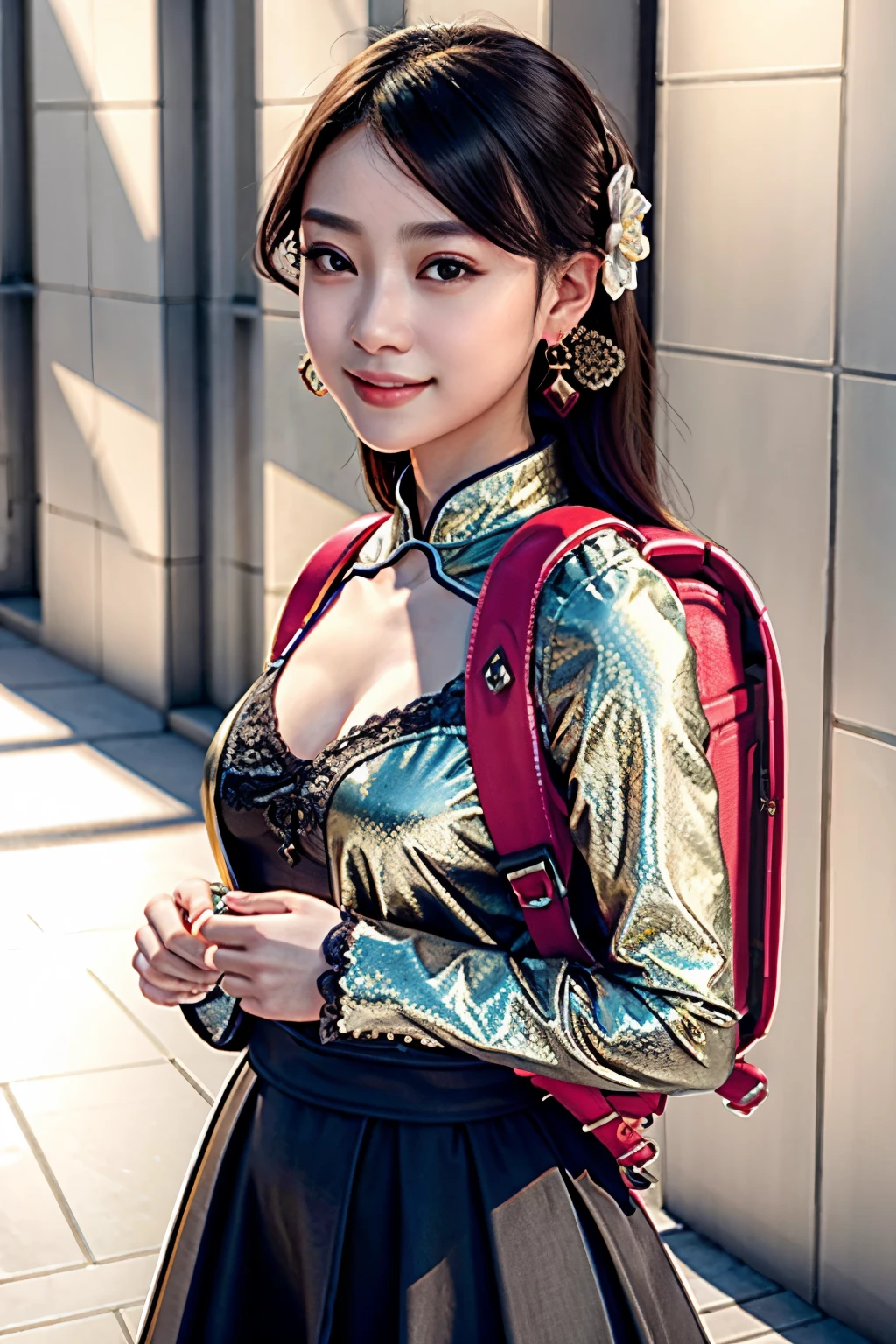 (Realistic:1.3), finely detailed, quality, Rembrandt lighting, (Masterpiece:1.2), (Photorealistic:1.2), (Best quality), (Detailed skin:1.3), (Intricate details), Dramatic, Ray tracing, 1girll, Chinese girl, 21 years old, Detailed skin texture, (Blush:0.5), (goosebumps:0.5), Subsurface scattering, Smiling, Detailed face, Medium breasts, Earrings, Hair ornaments, A half body, are standing，wearing red backpack, (backpack:1.1)