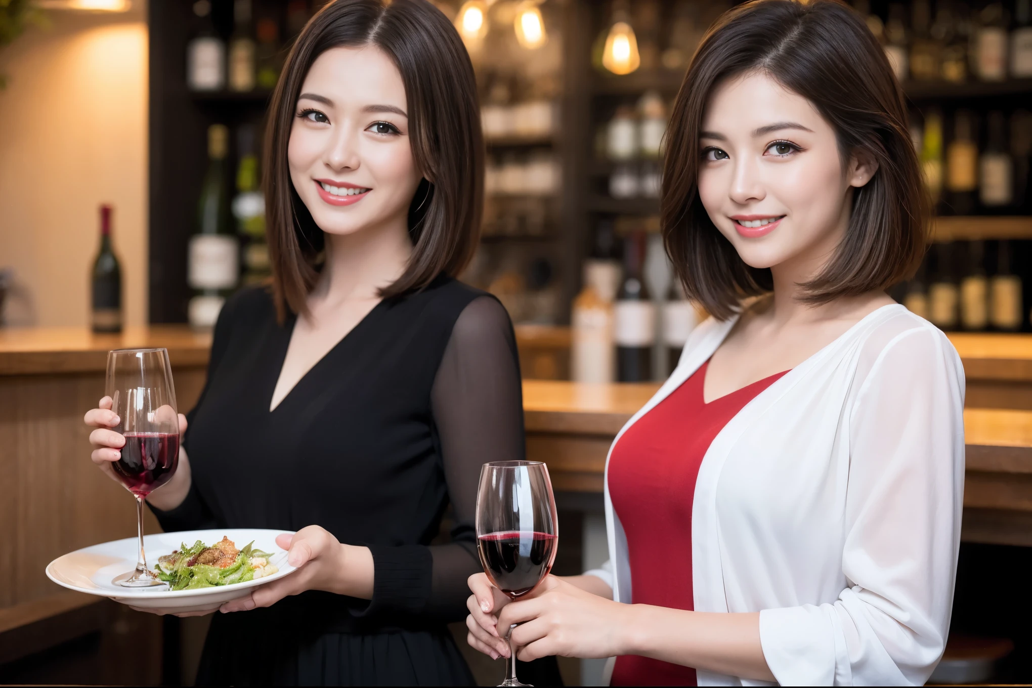 ((highest quality、8k、masterpiece:1.3))、1 male、1 female、Couple、Spouse、石原さとみ似美女Couple、The body is slim、((Bob Hale、Straight hair:1.2)), (Realistic, Intricate details:1.2), テーブルの上のwine glass、Put the light on your face、 Amazing view of the sunset sky and clouds、Amazing mountain views、A bright smile、The wonderfulness of smile、Bright image、The beauty of wine, Beautiful Face, blue eyes, The light shines on your face, Blushing, short hair,Bright Face、 (45 years old), 39 years old, red wine 、Appetizers、Italian food、Wine bottle、Champagne、sparkling wine、Two beauties、Brown Hair、Shortcuts、Long sleeve shirt、dress、Pretty Woman 1, (slimな顔), (The body is slim), (Brown Hair), (Shortcuts), cheeks turn a little red,Attractive beauty、restaurant, In a prominent place (From the waist up) Nova Frog Style, actress, model, Upper Body, White wine, slim, wine glass, 中央に置かれたwine glass, smile, (smile: 1.15), Beautiful fine grain, Depth f/2,saturation, High Contrast, Strong light and shadow,Moist Body:1.5、3D texture、Delicate eyes、Brown Hair、The hair is very shiny、