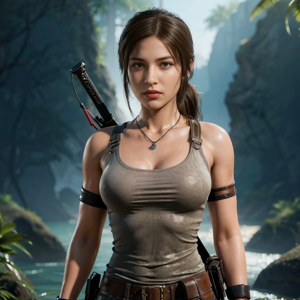 Lara Croft, brown eyes, (best quality, ultra-detailed), (realistic:1.37), beautiful and detailed face, ultra-realistic texture, delicate face, delicate body, red lipstick, bright colors. High definition, 8K, well defined legs