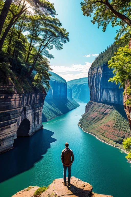 Psychedelic and beautiful nature landscape with a man standing on the edge of a cliff