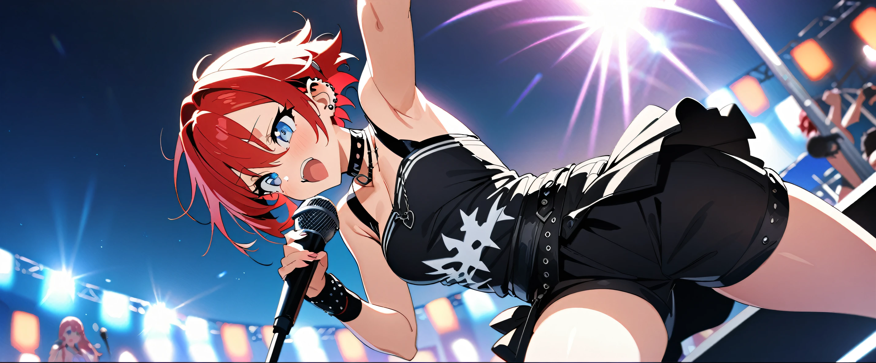 (((masterpiece,Highest quality))),((An anime character with short red hair and blue eyes singing passionately into a microphone)),((Singing passionately on stage at an outdoor live festival in the middle of the summer day)),((Enthusiastic look)),(((Black and white punk fashion,Wristband,choker,Multiple Piercings))),Focus so you can see the whole body,(high quality),anime