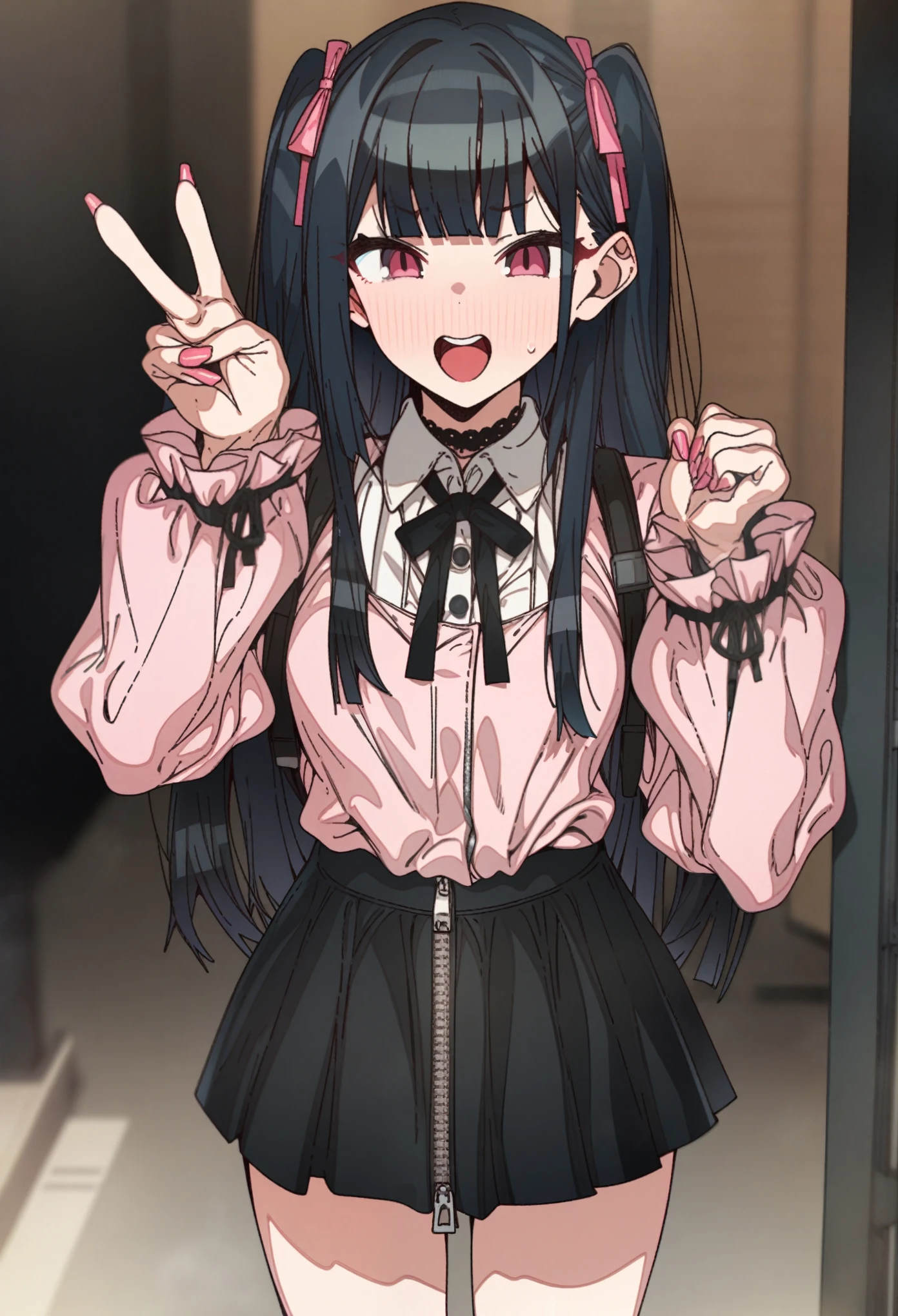 kazusa_(blue_archive), Artist, erere, Copyrights, idolmaster, idolmaster_shiny_colors, Character, General, 1girl, black_hair, black_necktie, black_ribbon, black_skirt, blunt_bangs, blush, breasts, v, brown_eyes, censored, frilled_sleeves, frills, jirai_kei, long_hair, long_sleeves, medium_breasts, miniskirt, neck_ribbon, necktie, open_mouth, pink_nails, pink_shirt, raised_eyebrow, ribbon, shirt, skirt, sweatdrop, teeth, two_side_up, upper_teeth_only, zipper_skirt, full_body, standing, white_backgroud, looking_at_viewer, facing_viewer, masterpiece, best_quality, great_quality, girl,