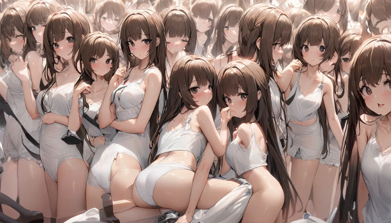 A crowd of clone girls wearing sleeveless white underwears, sleeveless White tank top underwear,sleeveless White camisole underwear, White panties underwear,leather shoes and shoulder bags commuting to work,Everyone in the same underwear,multiple clone girls, 20000+ clone girls,masterpiece,high detailed,best quality,All Girls,Wear only white underwear,brown hair,black eyes,long hair,clone girls