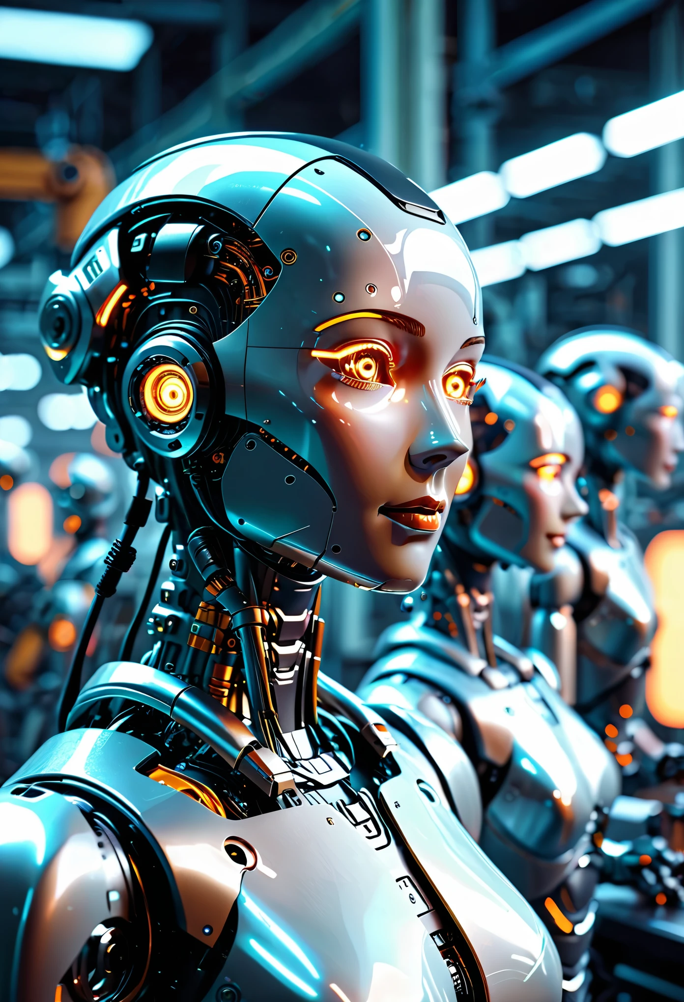 Ultramodern robot with human features, working on an assembly line in a high-tech factory, masterpiece, fantasy, digital art, highly detailed, overall detail, atmospheric lighting, Awash in a haze of light leaks reminiscent of film photography, awesome background, highly detailed styling, studio photo, intricate details, highly detailed, cinematic,  