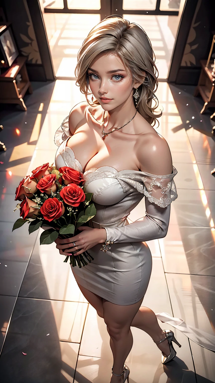 White woman、Silver Hair、Straight Hair、long hair、Sexy proportions、Big Breasts、Cleavage Emphasis、Wear an off-the-shoulder dress、Wear stiletto heels、smile、View from above、Holding a bouquet of 400 roses in both hands
