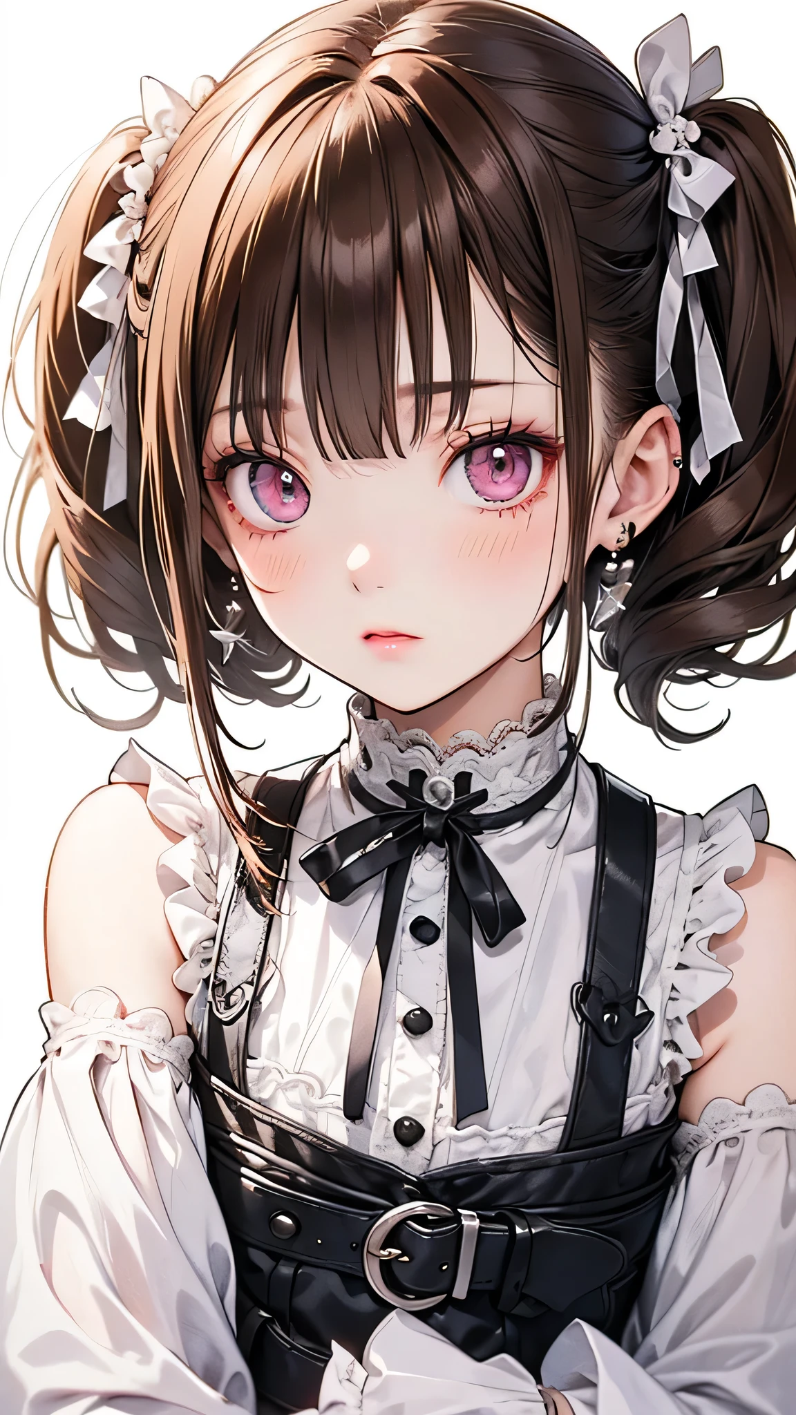 (One girl), masterpiece, highest quality, Ultra-fine illustrations, Very cute girl, Highly detailed beautiful face, View Viewer, One girl, belt, close, View Viewer, 4K, High resolution, ribbon, A wild misunderstanding, blush, throw, Twin tail hair, White Background, Simple Background, Thick outline, Purple eyes, (sleep), Brown Hair, Little, love expression,  ((Brown Hair)), (Blood),