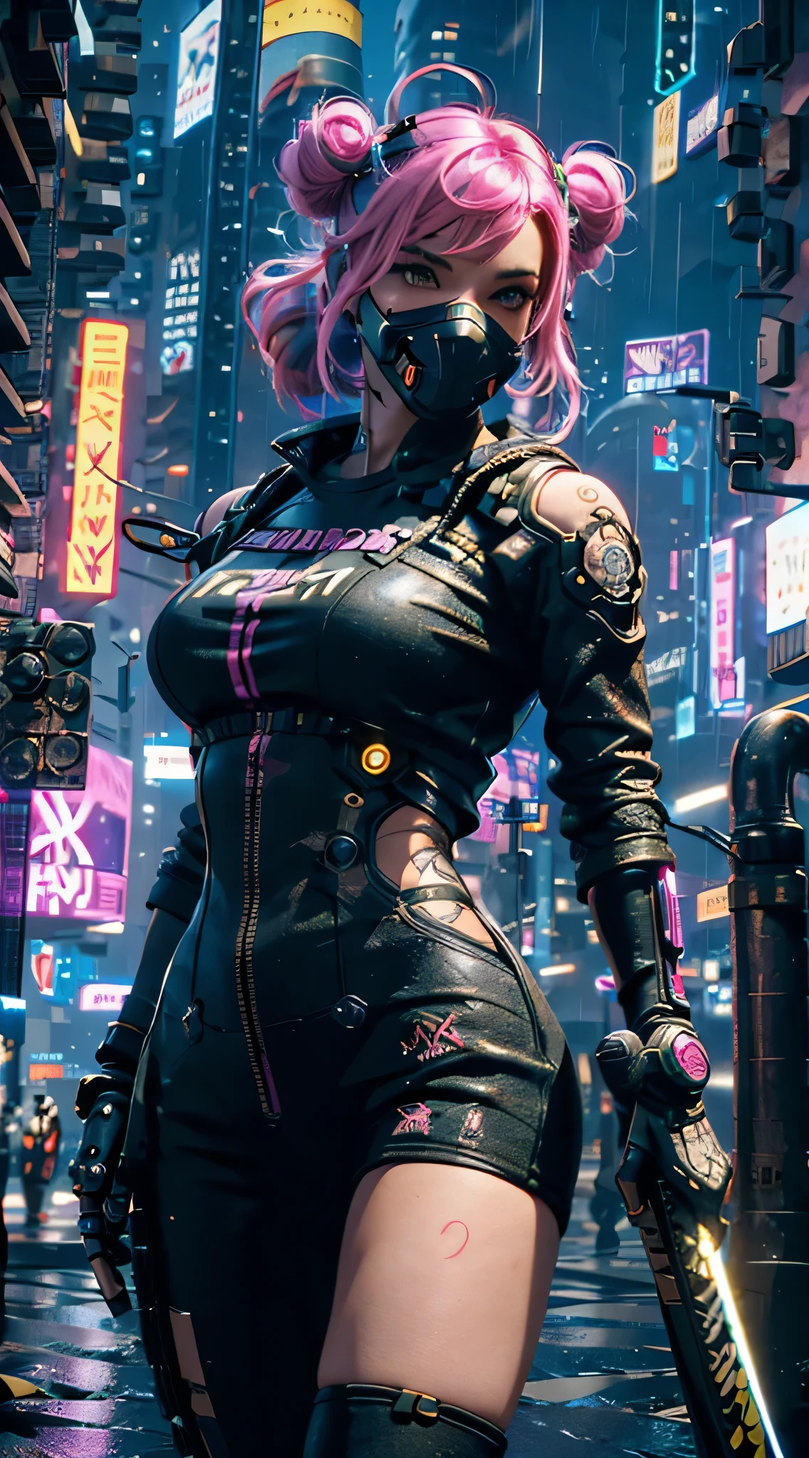 masterpiece, maximum quality,CG art,RTX 4090,best quality,4K,1080p,realistic,CG wallpaper,super high detailed,ultra high resolution, 8k, cyberpunk2077,Blade runner 2049,a woman,beauty,21years old,fair skin, extremely beautiful,strong gaze, alone,portrait,((close-up face)),cyberpunk outfit, extremely detailed face, detailed eyes,mischievous smile, cheerful, realistic photo, totally realistic, human pelle, studio lighting,golden ratio body, wide hips,perfect legs, big ass,pink hair,curly hair,double buns,blunt bangs,white clothing,D-cup breasts,in the rooftop of cyberpunk city,cyberpunk city background,((night)),rain,tattoos,Combat posture,((cyborg)),((Mechanical mask)),holding a katana