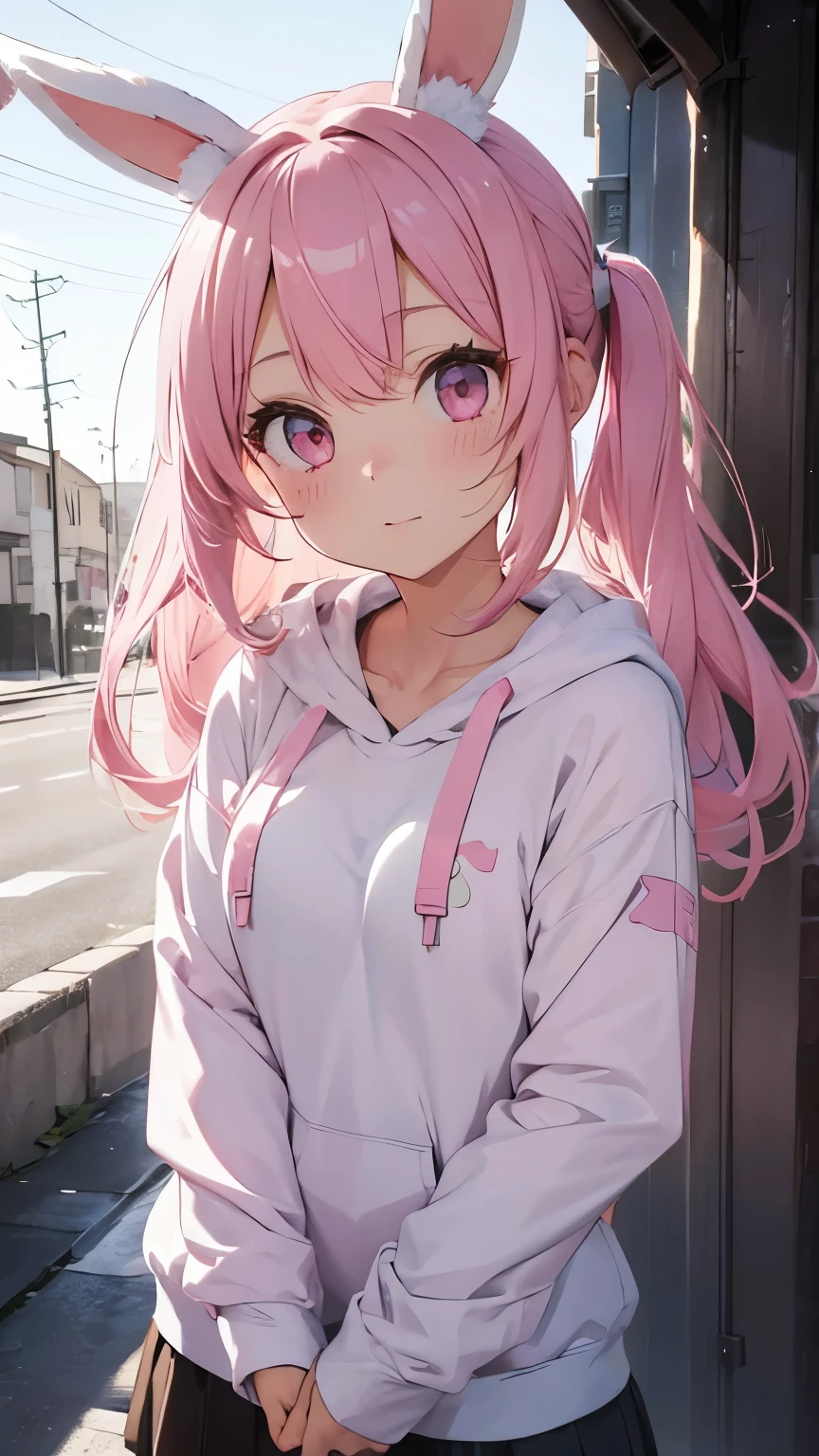 highest quality, pretty girl, pastel colour, Fluffy bunny ears, Long pink hair and short bob,Pale pink eyes,hoodie
