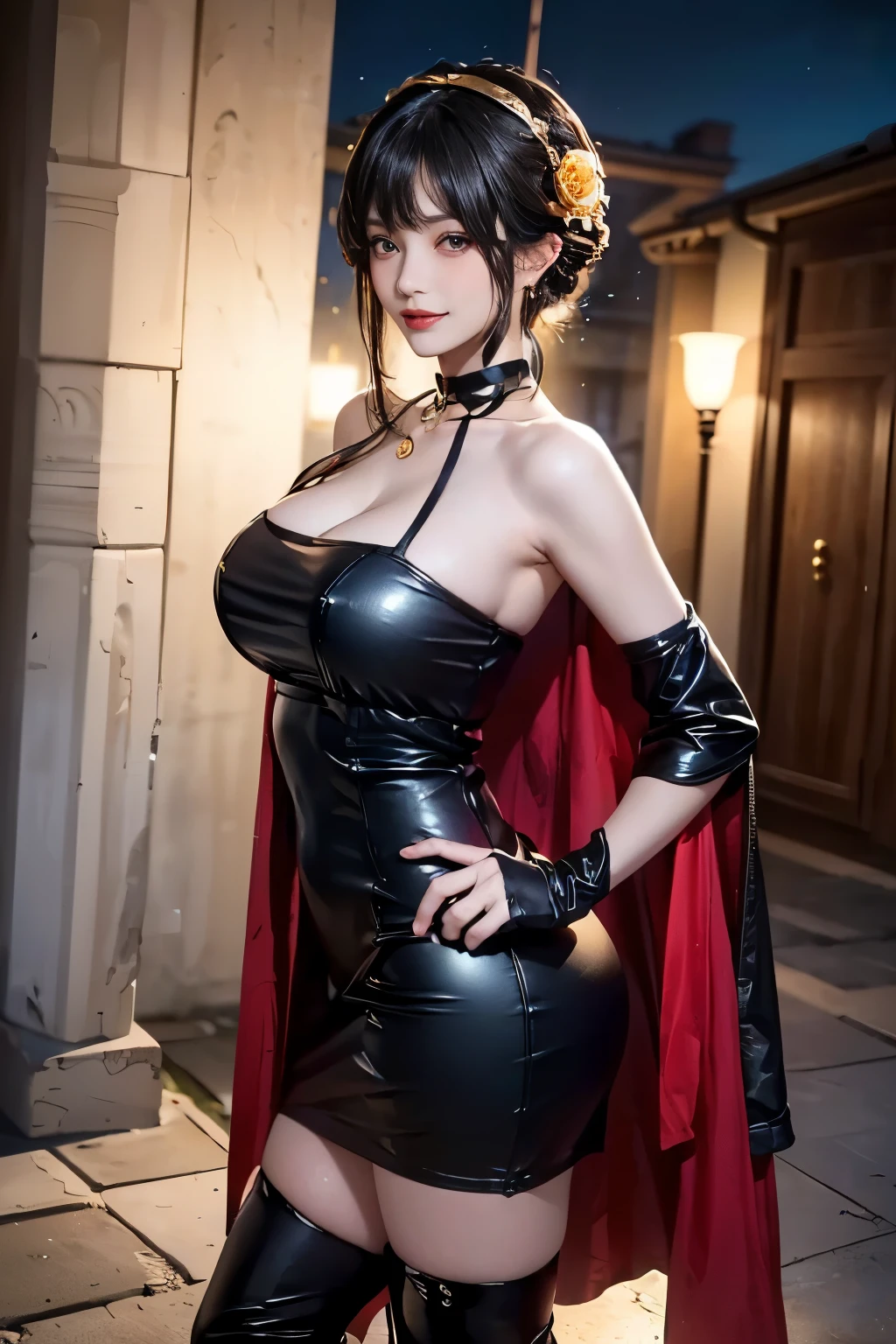 (highest quality, 4K, masterpiece :1.3), Beautiful woman, Surreal, 1 girl,),Ajolf, Side Lock,Short hair and long straight hair, Gold Hair Band, Gold earrings, Gold hair ornament, Big Breasts, Bare shoulders, Black Dress, Double-sided dress with red rose cape,  choker, Thigh-high boots,  , Fingerless gloves, Thigh-high boots,Slender Beauty, (Huge breasts, Attractive body :1.2), Abdominal exercises :1.1, Long black hair 1.1, Highly detailed face, Lip details, Fine Eyes, double eyelid, Sexy low neck dress, Open neckline,((((Put your hands behind your back))) ,Pose with twisted hips, Visible curves,Muscular, curved legs, Yugal, masterpiece, highest quality, High resolution, aaYugalf,Cowboy Shot, Are standing, Looking at the audience, Outdoor, night, (Perfect Anatomy:1.Two big asses, jewelry, Off the shoulder, Black Pantyhose, Cute Smile, Beautiful and bright lighting, Beautiful breasts,(((Beautiful hands)))，