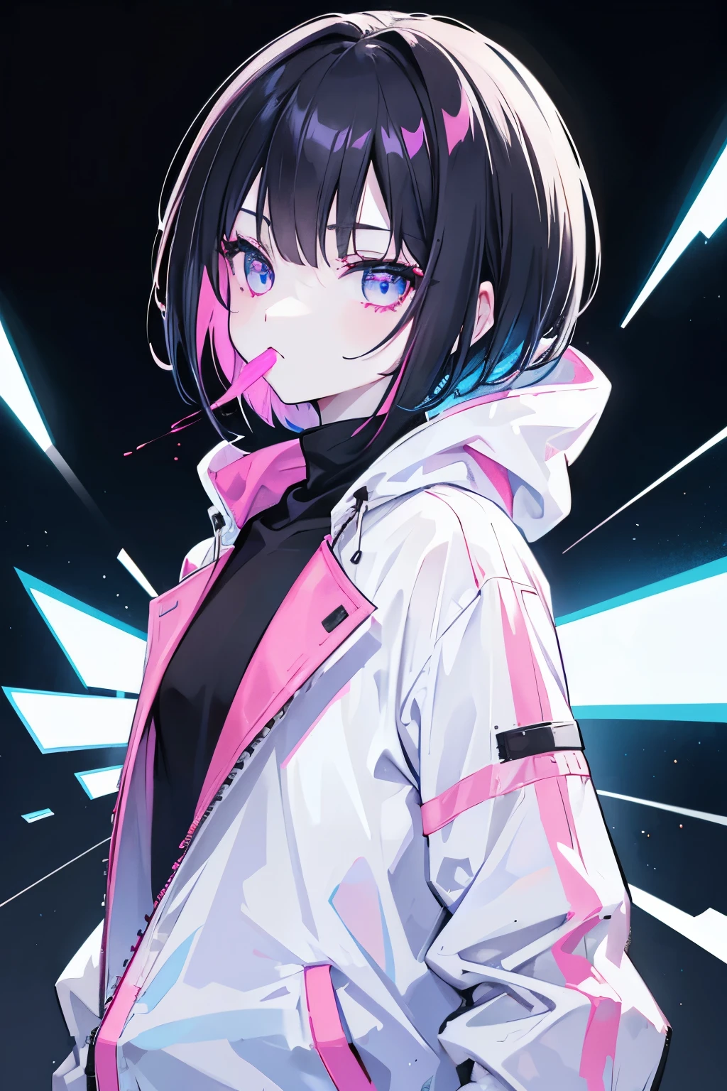 White skin, droid, neon eyes, black hair, short hair, sky blue and fuchsia eyes with a black background, chewing chili, hair with pink and sky blue highlights, jacket, top, hoodie