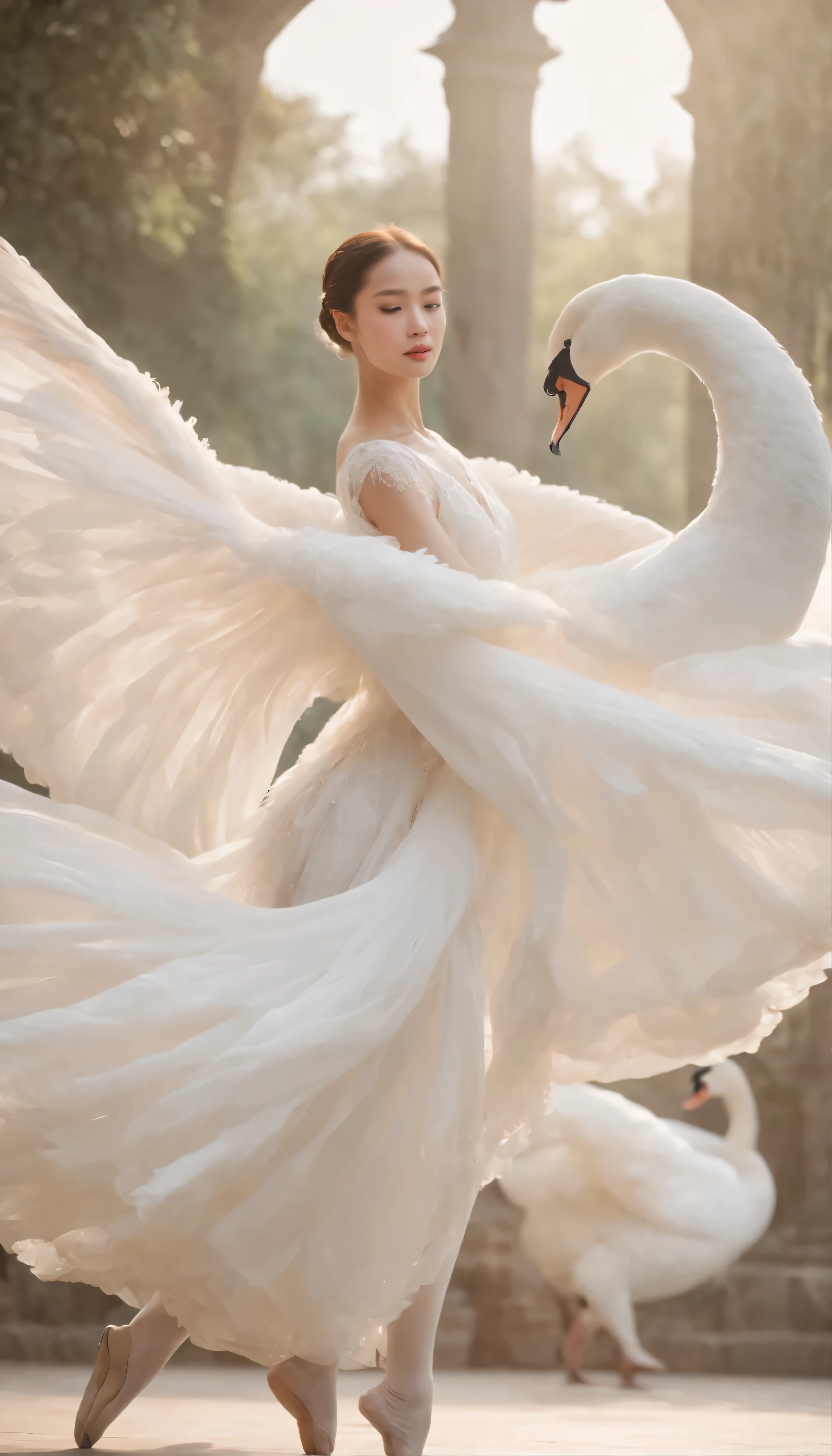 title:The Epochal Swan Transcendent Ballet - 8K Grand Masterpiece for Atmospheric and Vast Scenes Description: A flock of swans cleverly disguised as humans、In a sacred Sunday ceremony、Despite the confusion, they perform an exquisite and graceful dance.。The intricate costumes decorated with intricate patterns、Sparkling in the sun、Gives the image the illusion of depth and complexity。The soft, flowing fabric floats with the breeze.、Adds a captivating aura。The dance is complicated and full of costumes.、The result is the best image