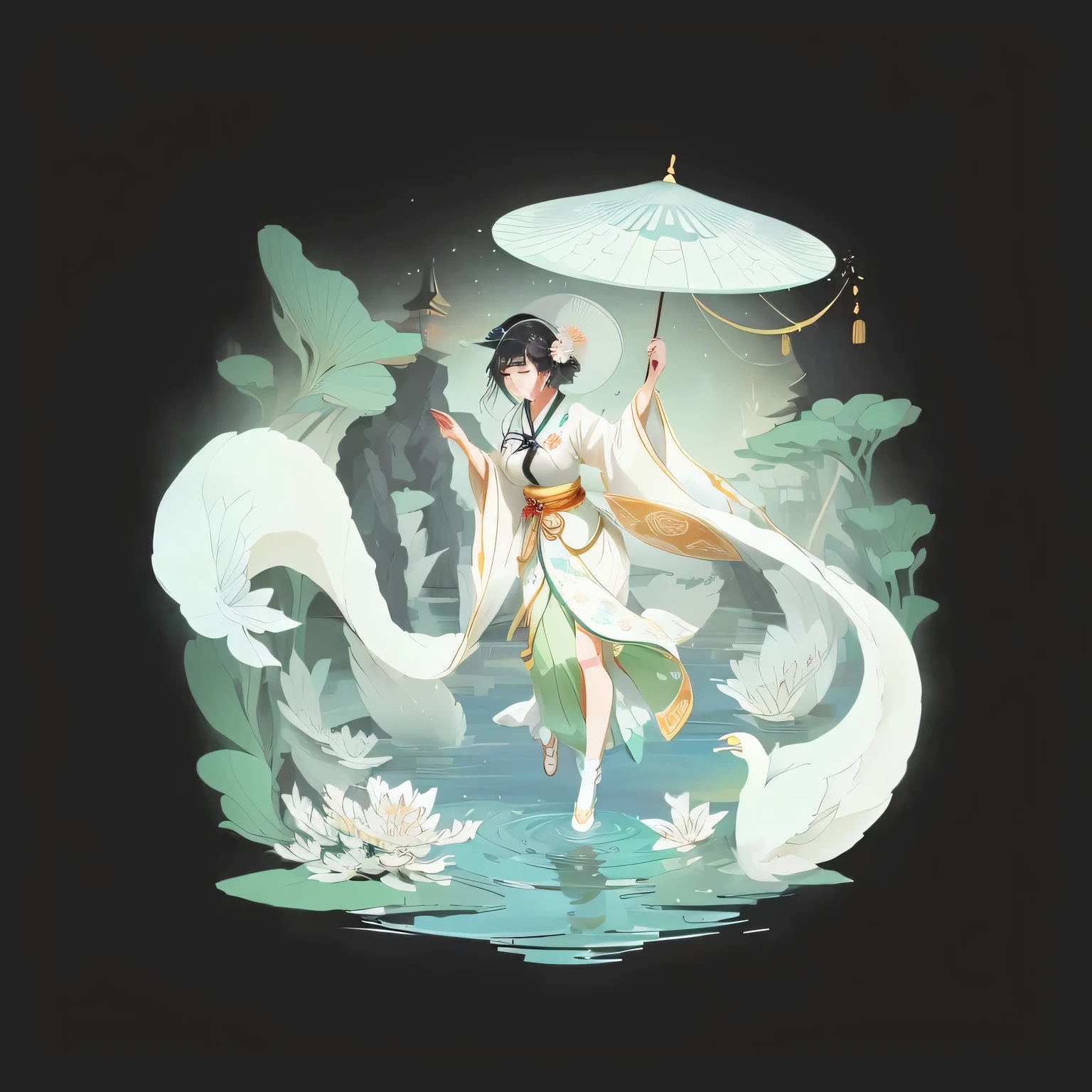 Anime style illustration of a woman with a parasol and a swan, A beautiful artistic illustration, Tranquility illustration, Korean new art style animation, Britney Lee, Asian female water element, Anime girl walking on water, Anime fantasy illustration, The Artistic Style of Ukiyo-e, Anime Illustrations, palace ， Girl wearing Hanfu, Chinese Goddess