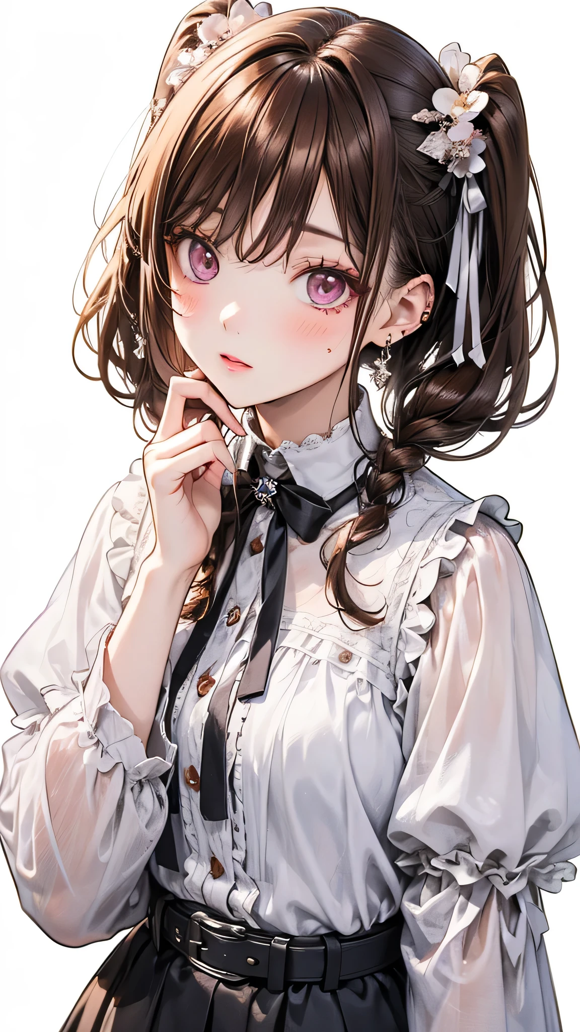 (One girl), masterpiece, highest quality, Ultra-fine illustrations, Very cute girl, Highly detailed beautiful face, View Viewer, One girl, belt, close, View Viewer, 4K, High resolution, ribbon, A wild misunderstanding, blush, throw, Twin tail hair, White Background, Simple Background, Thick outline, Purple eyes, (sleep), Brown Hair, Little, love expression, ((Brown Hair)), (Blood),