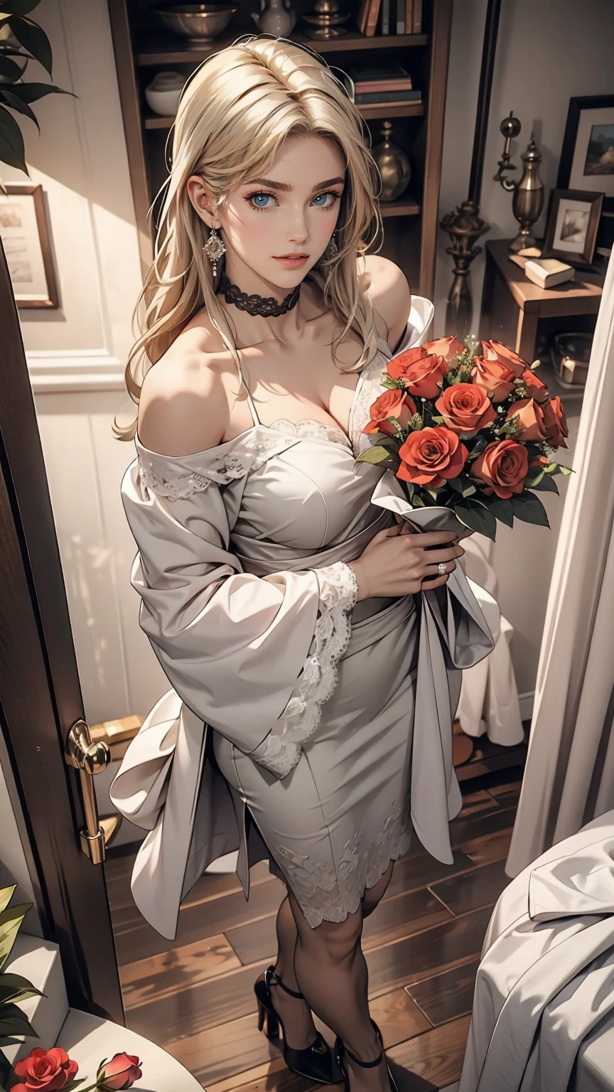 White woman、Silver Hair、Straight Hair、long hair、Sexy proportions、Big Breasts、Cleavage Emphasis、Wear an off-the-shoulder dress、Wear stiletto heels、smile、View from above、Holding a bouquet of 400 roses in both hands
