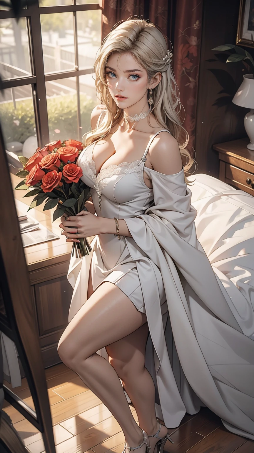 White woman、Silver Hair、Straight Hair、long hair、Sexy proportions、Big Breasts、Cleavage Emphasis、Wear an off-the-shoulder dress、Wear stiletto heels、smile、View from above、Holding a bouquet of 400 roses in both hands、Wear a lace choker