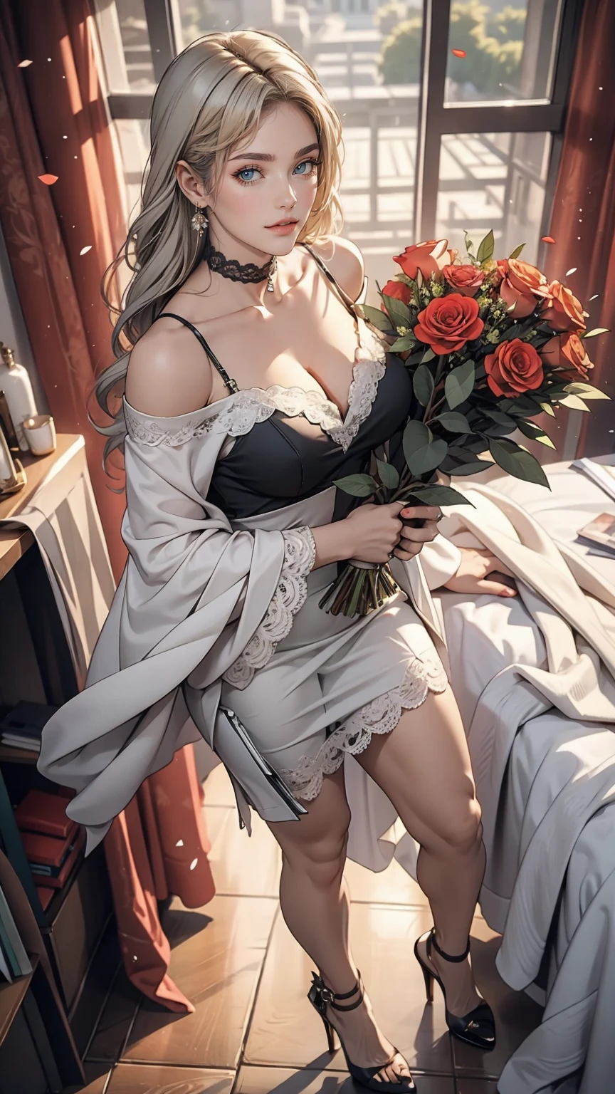 White woman、Silver Hair、Straight Hair、long hair、Sexy proportions、Big Breasts、Cleavage Emphasis、Wear an off-the-shoulder dress、Wear stiletto heels、smile、View from above、Holding a bouquet of 400 roses in both hands、Wear a lace choker