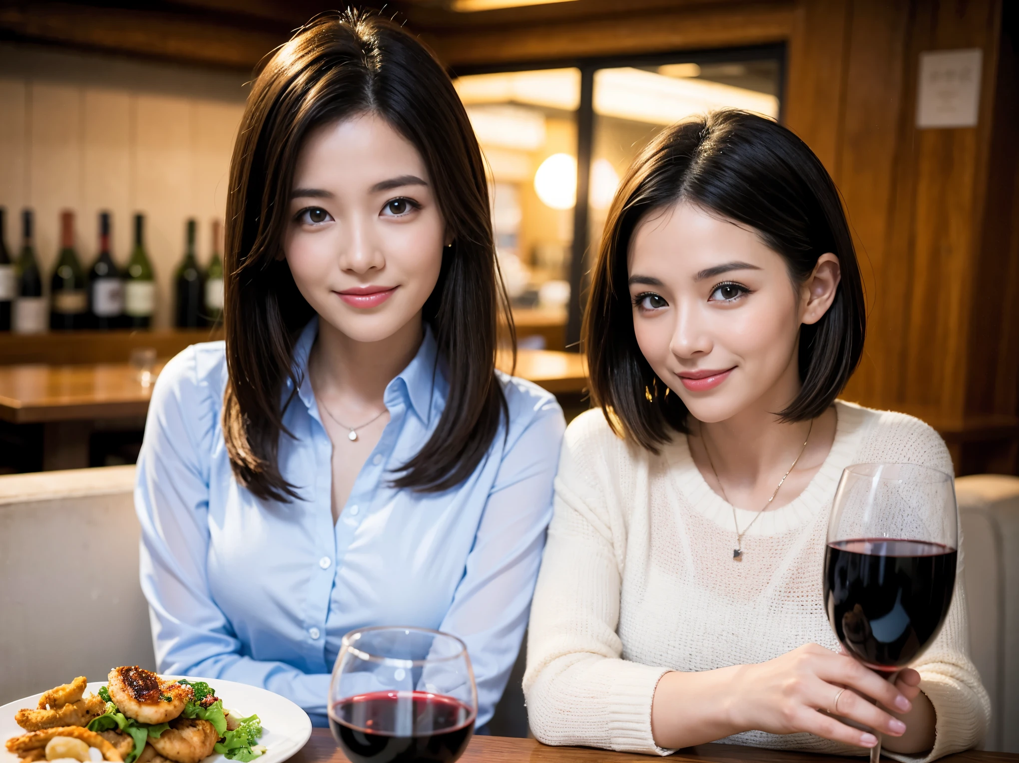 ((highest quality、8k、masterpiece:1.3))、1 male、1 female、Couple、Spouse、石原さとみ似美女Couple、The body is slim、((Bob Hale、Straight hair:1.2)), (Realistic, Intricate details:1.2), テーブルの上のwine glass、Shine light on your face、 Amazing view of the sunset sky and clouds、Amazing mountain views、A bright smile、The wonderfulness of smile、Bright image、The beauty of wine, Beautiful Face, blue eyes, The light shines on your face, Blushing, short hair,Bright Face、 (45 years old), 39 years old, red wine 、Appetizers、Italian food、Wine bottle、Champagne、sparkling wine、Two beauties、Brown Hair、Shortcuts、Long sleeve shirt、dress、Pretty Woman 1, (slimな顔), (The body is slim), (Brown Hair), (Shortcuts), cheeks turn a little red,Attractive beauty、restaurant, In a prominent place (From the waist up) Nova Frog Style, actress, model, Upper Body, White wine, slim, wine glass, 中央に置かれたwine glass, smile, (smile: 1.15), Beautiful fine grain, Depth f/2,saturation, High Contrast, Strong light and shadow,Moist Body:1.5、3D texture、Delicate eyes、Brown Hair、The hair is very shiny、