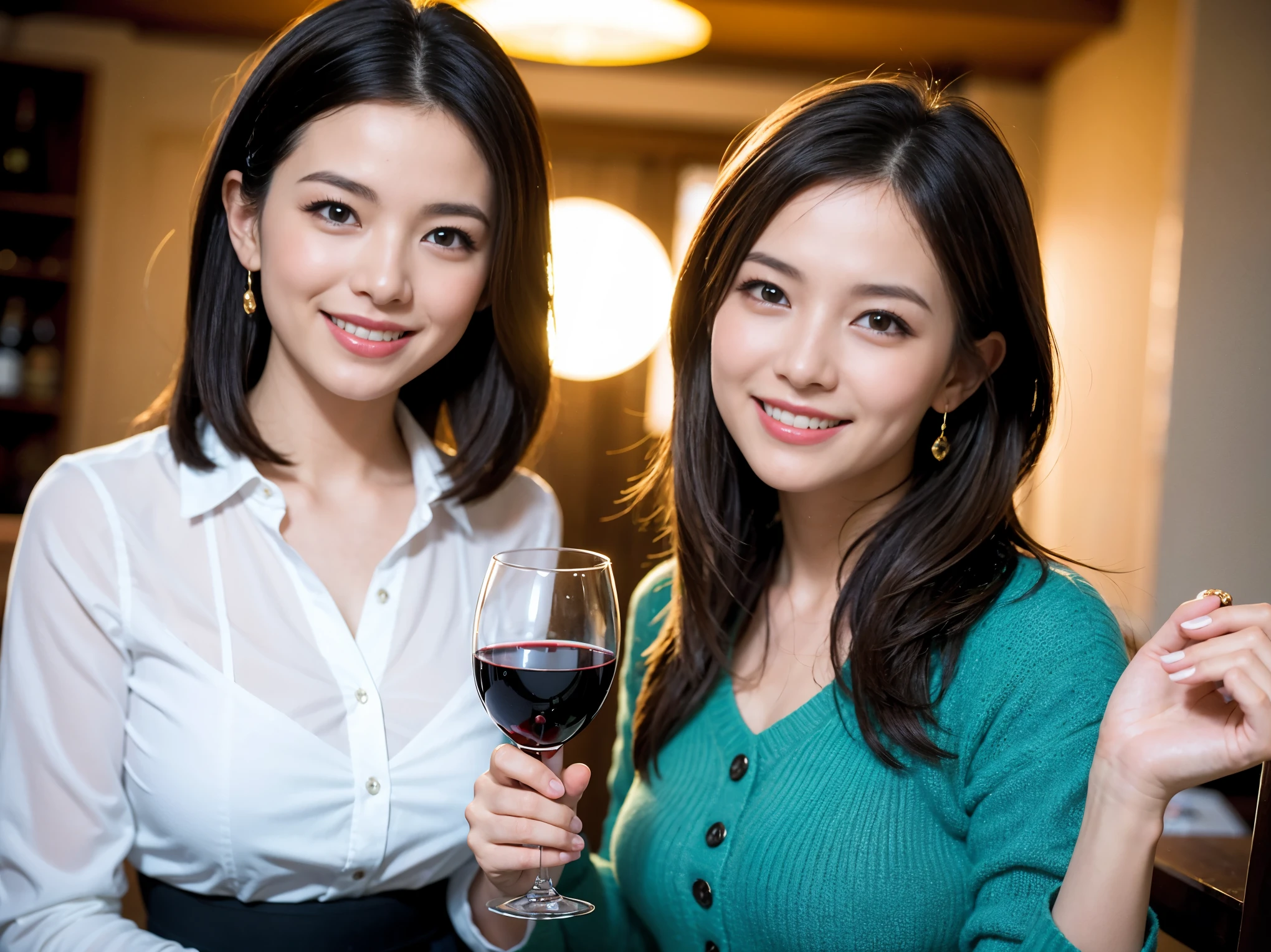 ((highest quality、8k、masterpiece:1.3))、1 male、1 female、Couple、Spouse、石原さとみ似美女Couple、The body is slim、((Bob Hale、Straight hair:1.2)), (Realistic, Intricate details:1.2), テーブルの上のwine glass、Shine light on your face、 Amazing view of the sunset sky and clouds、Amazing mountain views、A bright smile、The wonderfulness of smile、Bright image、The beauty of wine, Beautiful Face, blue eyes, The light shines on your face, Blushing, short hair,Bright Face、 (45 years old), 39 years old, red wine 、Appetizers、Italian food、Wine bottle、Champagne、sparkling wine、Two beauties、Brown Hair、Shortcuts、Long sleeve shirt、dress、Pretty Woman 1, (slimな顔), (The body is slim), (Brown Hair), (Shortcuts), cheeks turn a little red,Attractive beauty、restaurant, In a prominent place (From the waist up) Nova Frog Style, actress, model, Upper Body, White wine, slim, wine glass, 中央に置かれたwine glass, smile, (smile: 1.15), Beautiful fine grain, Depth f/2,saturation, High Contrast, Strong light and shadow,Moist Body:1.5、3D texture、Delicate eyes、Brown Hair、The hair is very shiny、