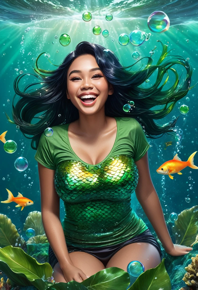 portrait of an Indonesian mermaid with big breasts, colorful, sitting in the depths of the bright ocean, wearing a green t-shirt made from leaves, black hair and bubbles, water bubbles coming out of her hair strands, the mermaid laughs out loud looking at the camera ,l, background in the ocean, with fish decoration, bright hyperrealistic real,incredibly absurdres, ultra detailed, high resolution, realistic lighting, photorealism, hyperrealism,masterpiece,vibrant colors,stunning visuals,ultra skin texsture,stable diffusion,perfect anatomy,crazy details