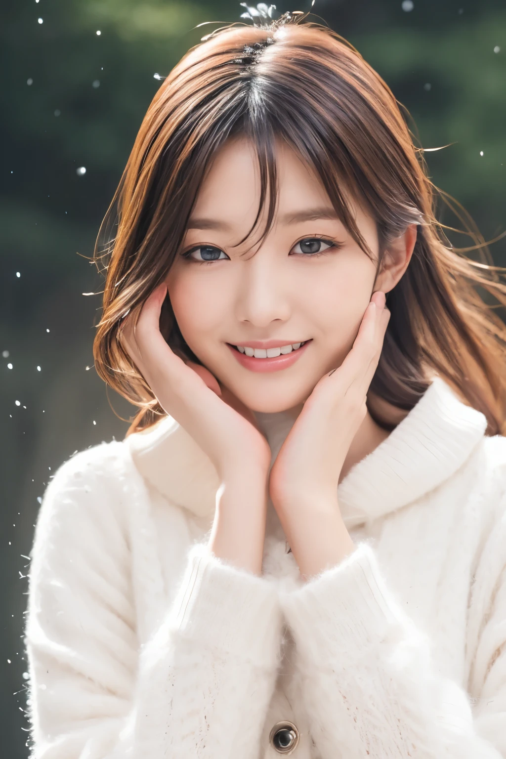 1girl in, (Wearing a white coat:1.2), (Raw photo, Best Quality), (Realistic, Photorealsitic:1.4), master piece, Extremely delicate and beautiful, Extremely detailed, 2k wallpaper, amazing,((white sweater)) ,finely detail, the Extremely Detailed CG Unity 8K Wallpapers, Ultra-detailed, hight resolution, Soft light, Beautiful detailed girl, extremely detailed eye and face, beautiful detailed nose, Beautiful detailed eyes, Cinematic lighting, Winter Night View, illuminations, Perfect Anatomy, Slender body, Smiling,((winter)), snowfall,(( hands on face)),