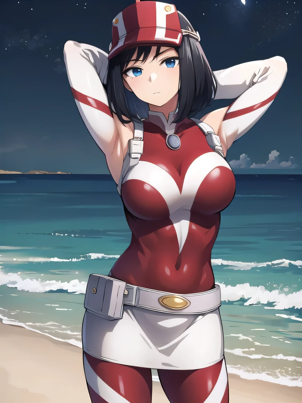 kodaiyui, visor cap, red and white bodysuit, long sleeves, belt, white skirt, looking at viewer, emotionless, showing armpit, looking at viewer, solo, contrapposto, spread armpit, arms behind head, smile, looking at viewer, (cowboy shot:1.5), closed mouth, night sky, beach, best quality, expressionless, anime, anime coloring,