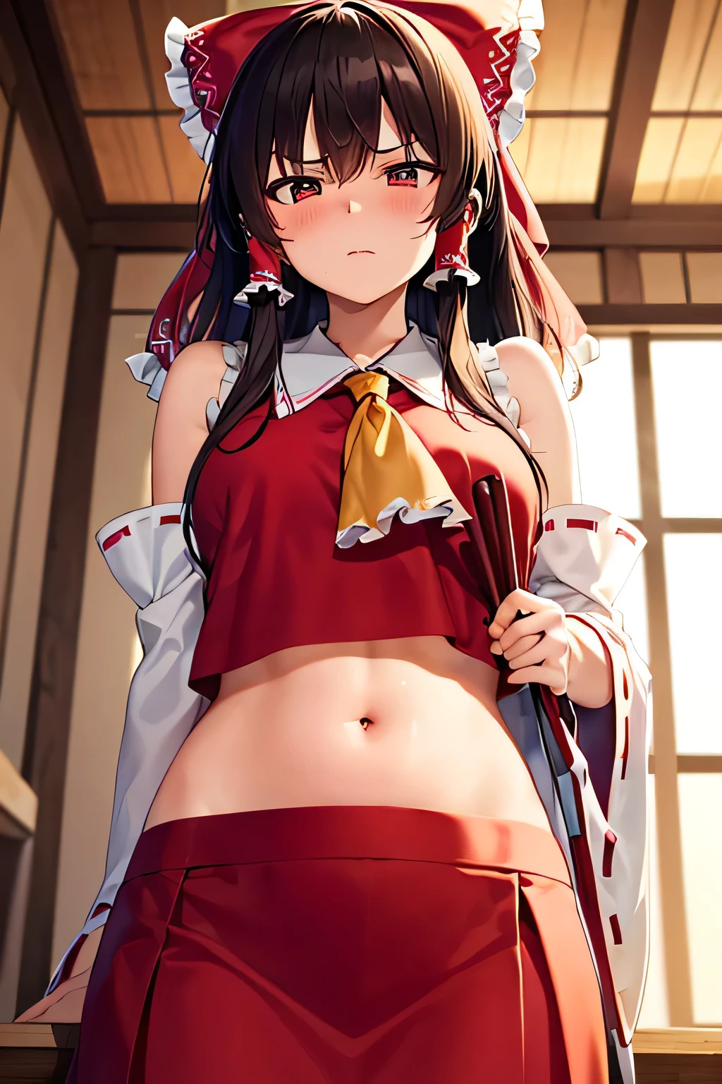 super fine illustration, vibrant colors, masterpiece, sharp focus, best quality, depth of field, cinematic lighting, ultra detailed, blush, annoyed, pursed lips, belly button, hips, shrine maiden, hakurei reimu, 1girl, hair bow, ascot, hair tubes, detached sleeves, looking down, red shirt, red skirt, long hair, dark brown hair, indoors, mature woman