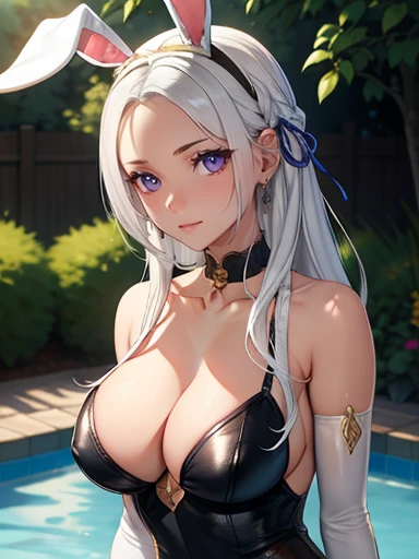Edelgard_School, Hair Ribbon, Gray Hair, Purple eyes, ,One girl, alone, Perfect breasts, ,Earrings glossy lips ,View Viewer, blush, Big Breasts, nature, Pool, wood, garden, long white elbow satin gloves, Holding, Animal ears, Cleavage, Exposing shoulders, jewelry, very, A kind smile, pantyhose, Earrings, fake rabbit ears, leotard, fake Animal ears bunny, Long white elbow gloves