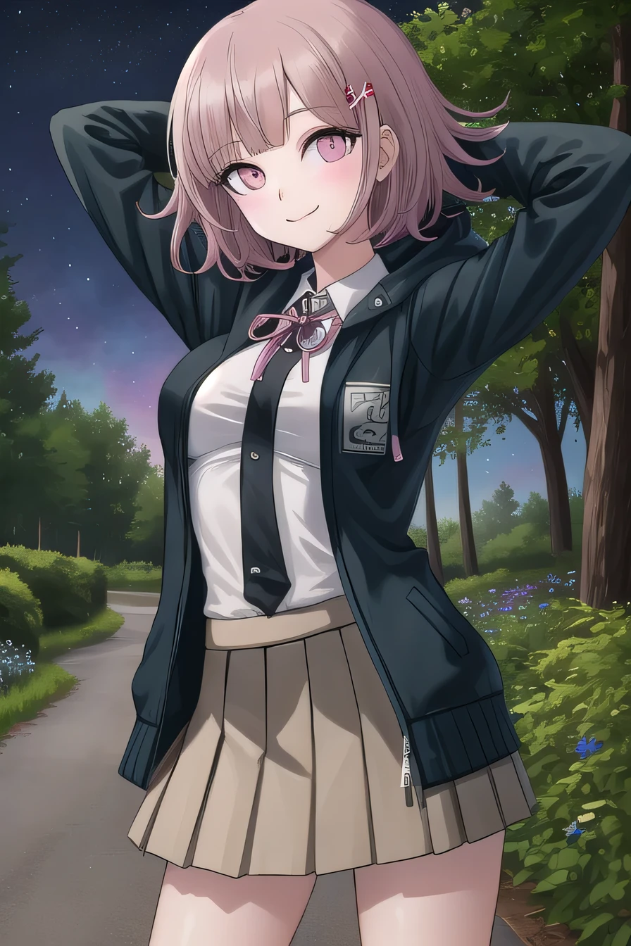 1girl, solo, hair ornament, shirt, jacket, ribbon, skirt, dress shirt, pink ribbon, open clothes, pleated skirt, white shirt, neck ribbon, collared shirt, hood, open jacket, looking at viewer, black jacket, long sleeves, shirt tucked in, brown skirt, hairclip, solo, night sky, forest, arms behind head, contrapposto, spread armpits, closed mouth, smile, cowboy shot, two-tone shirt, hooded jacket, breasts, medium hair, 