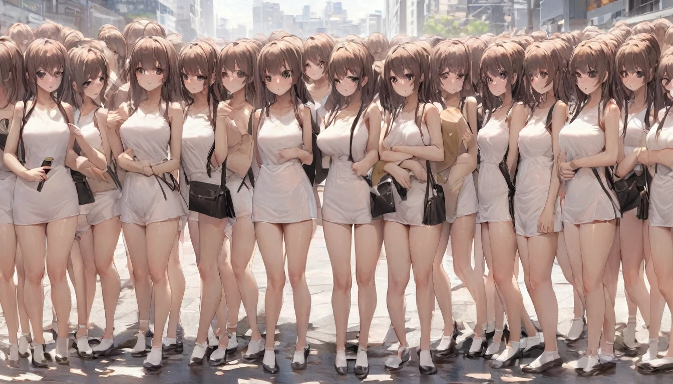 A crowd of clone girls wearing sleeveless white underwears, sleeveless White tank top underwear,sleeveless White camisole underwear, White panties underwear,leather shoes and shoulder bags commuting to work,Everyone in the same underwear,multiple clone girls, 20000+ clone girls,masterpiece,high detailed,best quality,All Girls,Wear only white underwear,brown hair,black eyes,long hair,clone girls