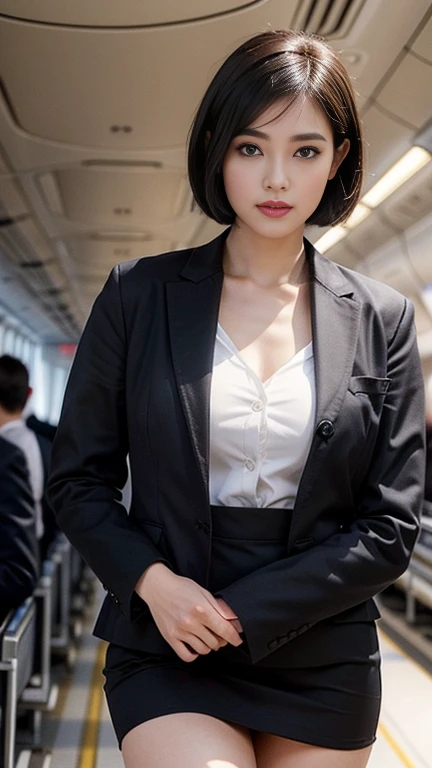 1beautiful womanl, 28years、hyperdetailed face、Detailed lips、A detailed eye、double eyelid、(Black bob shortcut hair , while walking gracefully down the aisle)、(Stewardess uniform:1.2)、(Glamorous body)、thighs thighs thighs thighs, Perfect fit, Perfect image realism, Background with: (Business Class aisle on airplanes:1.2), Cowboy Shot, Meticulous background, detailed costume, Perfect litthing、Hyper-Realism、(Photorealsitic:1.4)、8K maximum resolution, (masterpiece), ighly detailed, Professional