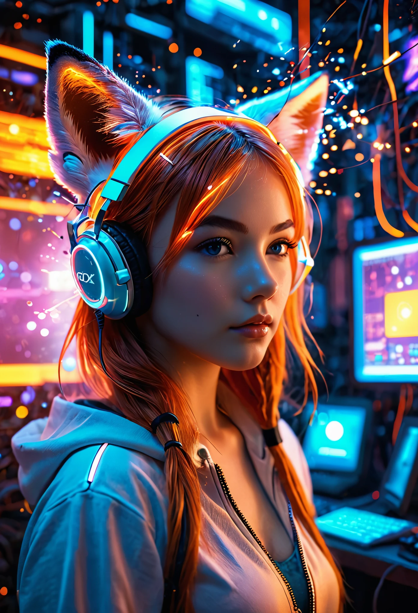 girl with fox ears surrounded by information technology processes, masterpiece, fantasy, digital art, highly detailed, overall detail, atmospheric lighting, Awash in a haze of light leaks reminiscent of film photography, awesome background, highly detailed styling, studio photo, intricate details, highly detailed, cinematic, glowneon, glowing, sparks, gl1tch, glitch