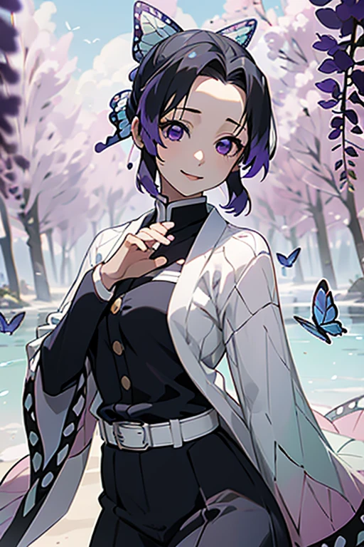 Ultra-realistic 8K CG,tmasterpiece,((Ultra detailed backgrounds,delicate patterns,Best intricate and detailed quality,very vey very detailed face,extremely detailed eye and face,Very detailed eyes,kochou shinobu,O cabelo multicolorido,No bangs,Hair intake,Purple Eye,Forehead,Black shirt,Black pantsuit,haori,butterflys,Strip strip,(Torpical Garden:1.2),purple flower,Mostly cloudy sky,rays of sunshine,Tindall Effect,gradient_skyporn,faces,Beautiful sky,Saber on the waist,enchanting posture,full bodyesbian、(onepiece:1.5)、perfect hands perfect fingers perfect breasts perfect hair perfect face perfect body