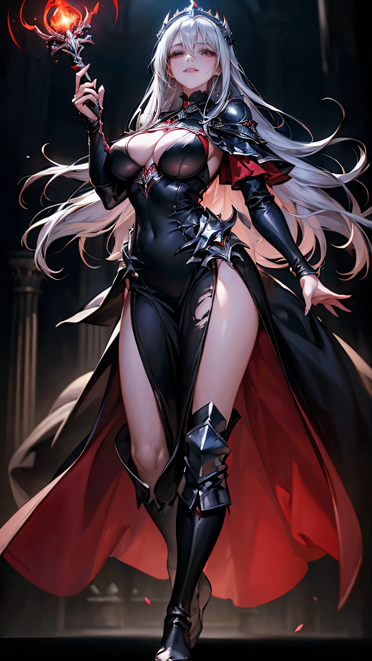 highest quality、masterpiece、8k、Realistic、超High resolution、Very delicate and beautiful、High resolution、Cinema Lighting、medium range shooting、Portraiture、Perfect woman's body、(Big Tits:1.6)、Opposition、Looking at the audience、( ((Demon King of Another World(woman)、Jet black dress、Red glowing eyes、Sharp Corners、Dark Aura、Long silver hair、Ruthless smile、Dark Throne))、Powerful wings、Fiery magic、Dark Crown、Magic wand、Castle of Darkness、Powerful Spell Book、Evil coat of arms、Dark Magic、Battle Scars、Absolute Dominance、Strong Will、Loyal Family、Ruthless personality、A fear-inducing entity、Deep red lipstick、Dark Pact、ruler of the demon world、Otherworldly landscapes、Symbol of Destruction、The power of despair、Evil plan、Jet black boots。)