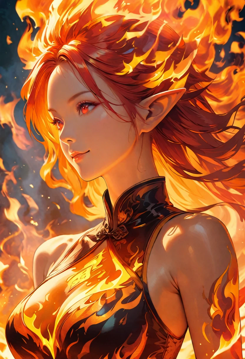 ((half body Portrait of a fire elf)), red flowing hair, shiny red eyes,( medium length pointy ears),orange fire around, flaming theme, burning atmosphere, (detailed sexy Chinese style costume:1.2), red glowing tattoos, orange crystal jewelry, light smile, mature body, colorful ,by Mappa studios,masterpiece,best quality,official art,illustration,ligne claire,(cool_color),perfect composition,absurdres, fantasy,focused,rule of third, close up portrait 