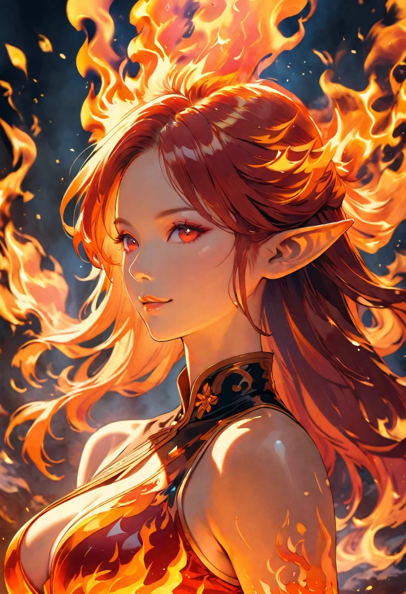 ((half body Portrait of a fire elf)), red flowing hair, shiny red eyes,( medium length pointy ears),orange fire around, flaming theme, burning atmosphere, (detailed sexy Chinese style costume:1.2), red glowing tattoos, orange crystal jewelry, light smile, mature body, colorful ,by Mappa studios,masterpiece,best quality,official art,illustration,ligne claire,(cool_color),perfect composition,absurdres, fantasy,focused,rule of third, close up portrait 