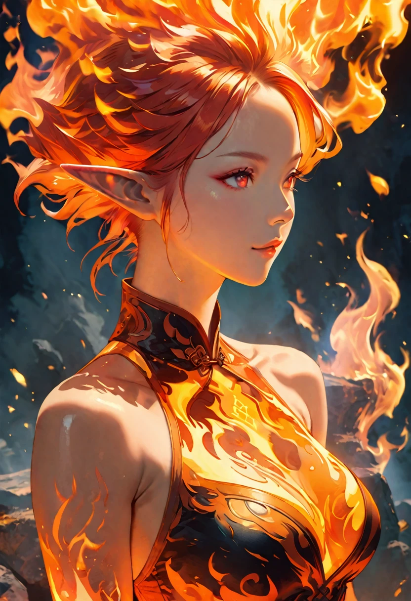 ((half body Portrait of a fire elf)), red flowing hair, shiny red eyes,( medium length pointy ears),orange fire around, flaming theme, burning atmosphere, (detailed sexy Chinese style costume:1.2), red glowing tattoos, orange crystal jewelry, light smile, mature body, colorful ,by Mappa studios,masterpiece,best quality,official art,illustration,ligne claire,(cool_color),perfect composition,absurdres, fantasy,focused,rule of third, close up portrait 