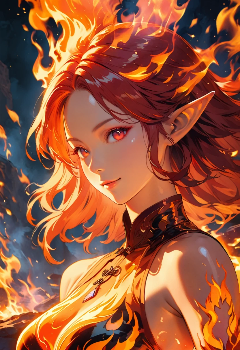 ((half body Portrait of a fire elf)), red flowing hair, shiny red eyes,( medium length pointy ears),orange fire around, flaming theme, burning atmosphere, (detailed sexy Chinese style costume:1.2), red glowing tattoos, orange crystal jewelry, light smile, mature body, colorful ,by Mappa studios,masterpiece,best quality,official art,illustration,ligne claire,(cool_color),perfect composition,absurdres, fantasy,focused,rule of third, close up portrait 