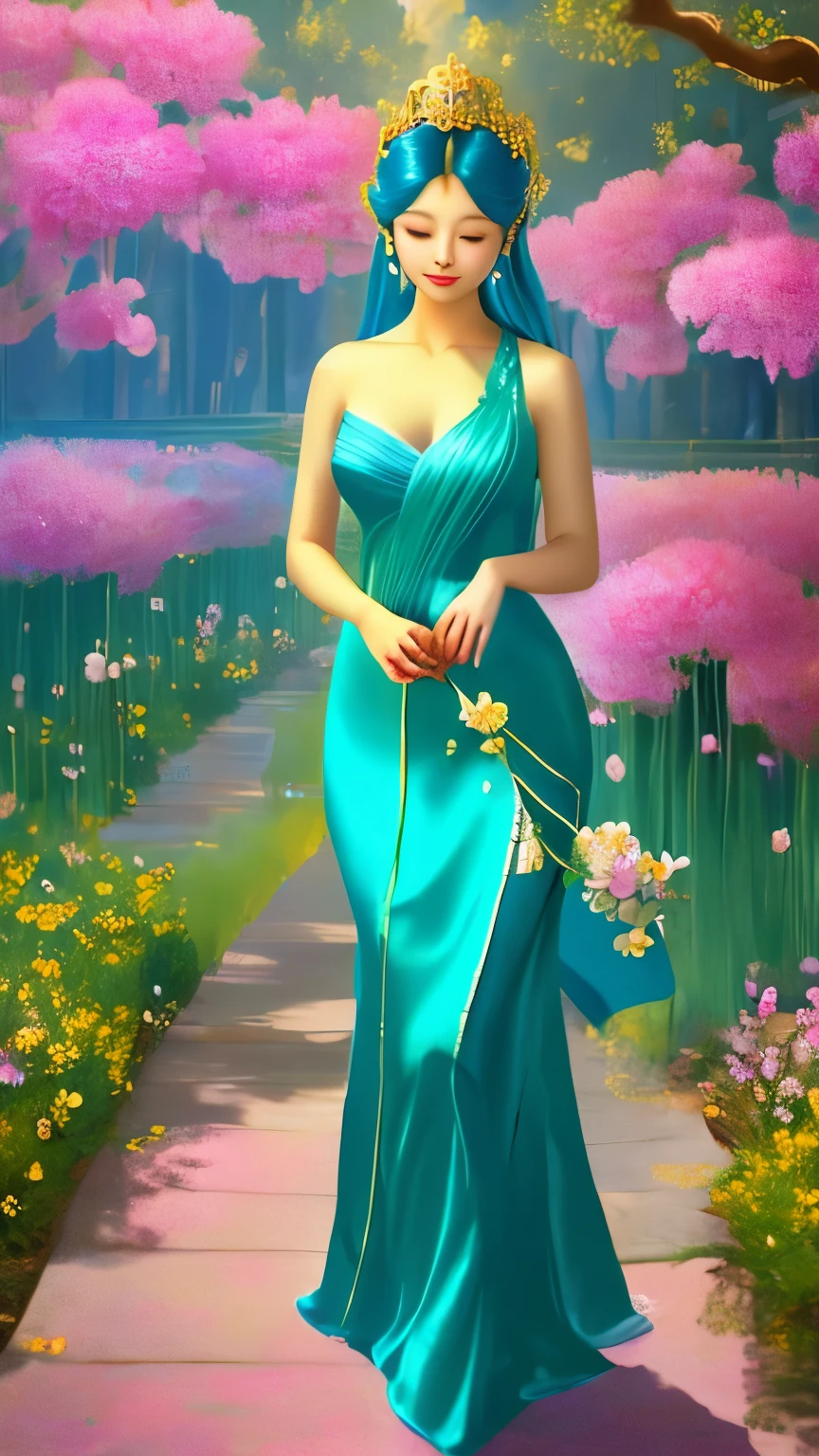 a woman in a blue dress holding a flower in her hand, standing gracefully upon a lotus, by Li Song, flower goddess, by Yu Zhiding, with lotus flowers, a beautiful artwork illustration, exquisite digital illustration, beautiful digital artwork, beautiful digital art, gilded lotus princess, by Lu Guang, beautiful gorgeous digital art