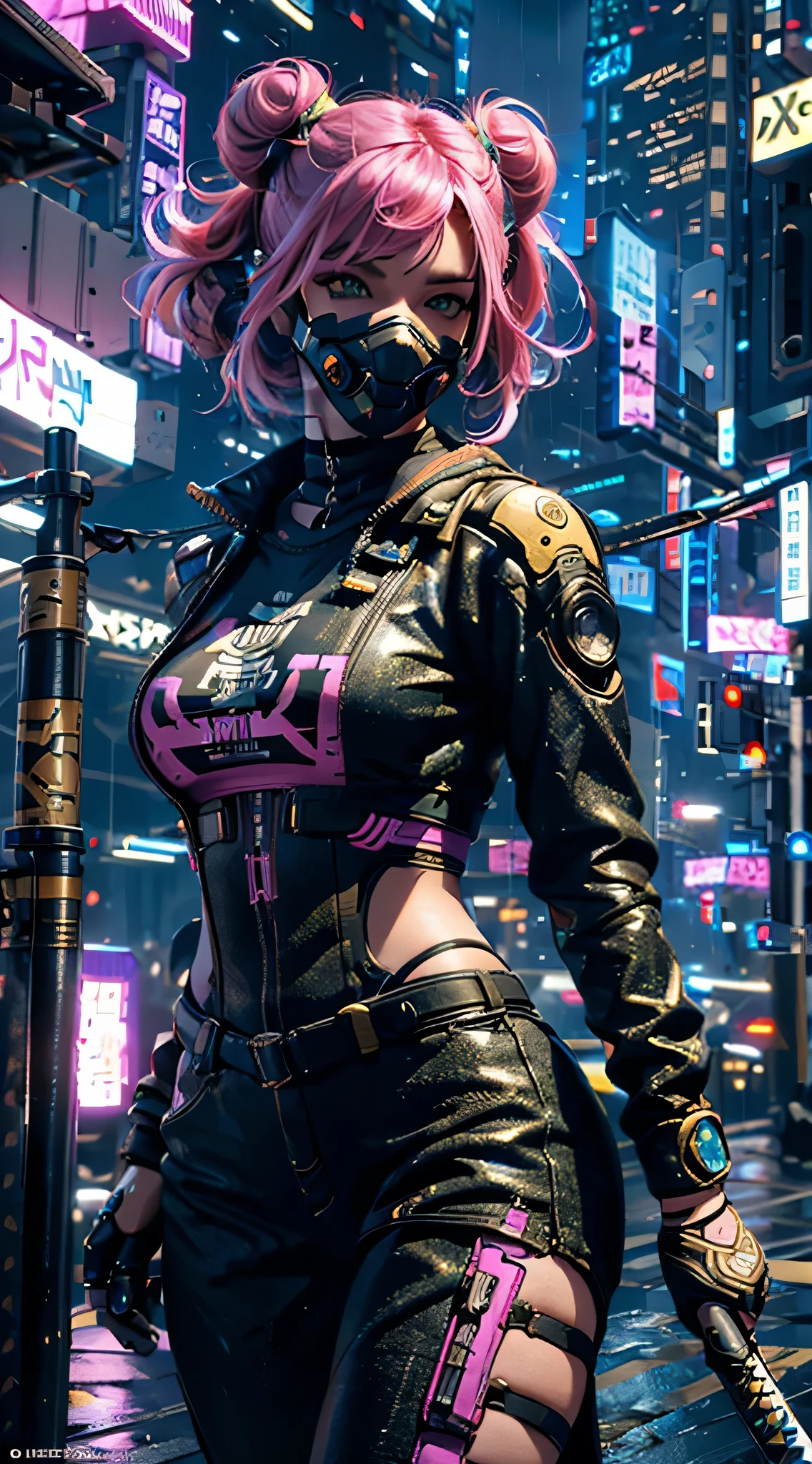 masterpiece, maximum quality,CG art,RTX 4090,best quality,4K,1080p,realistic,CG wallpaper,super high detailed,ultra high resolution, 8k, cyberpunk2077,Blade runner 2049,a woman,beauty,21years old,fair skin, extremely beautiful,strong gaze, alone,portrait,((close-up face)),cyberpunk outfit, extremely detailed face, detailed eyes,mischievous smile, cheerful, realistic photo, totally realistic, human pelle, studio lighting,golden ratio body, wide hips,perfect legs, big ass,pink hair,curly hair,double buns,blunt bangs,white clothing,D-cup breasts,in the rooftop of cyberpunk city,cyberpunk city background,((night)),rain,tattoos,Combat posture,((cyborg)),((Mechanical mask)),holding a katana