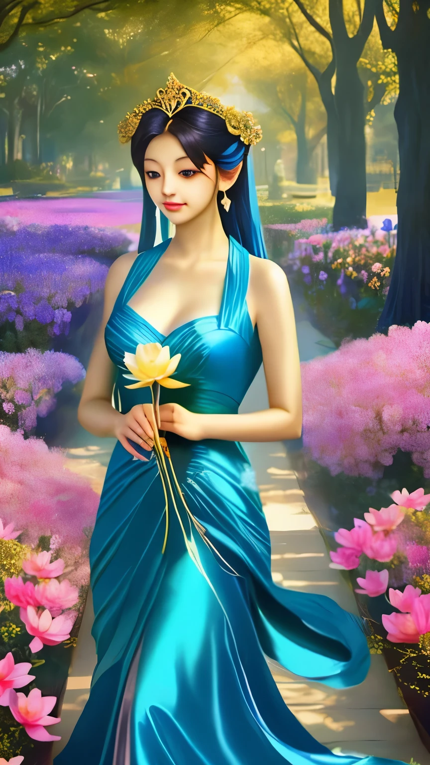 a woman in a blue dress holding a flower in her hand, standing gracefully upon a lotus, by Li Song, flower goddess, by Yu Zhiding, with lotus flowers, a beautiful artwork illustration, exquisite digital illustration, beautiful digital artwork, beautiful digital art, gilded lotus princess, by Lu Guang, beautiful gorgeous digital art