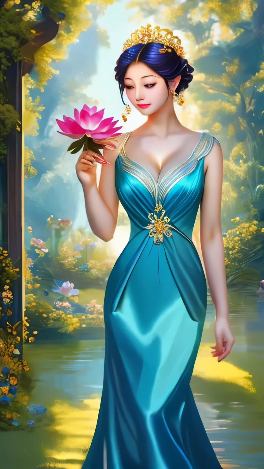 a woman in a blue dress holding a flower in her hand, standing gracefully upon a lotus, by Li Song, flower goddess, by Yu Zhiding, with lotus flowers, a beautiful artwork illustration, exquisite digital illustration, beautiful digital artwork, beautiful digital art, gilded lotus princess, by Lu Guang, beautiful gorgeous digital art